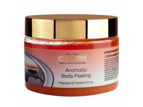Peeling aromat pentru corp pe bază de uleiuri naturale și sarea mării moarte cu fructul pasiunii și papaya
