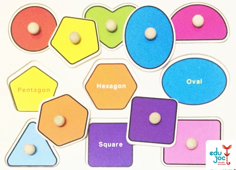 Puzzle din lemn cu forme geometrice cu desen
