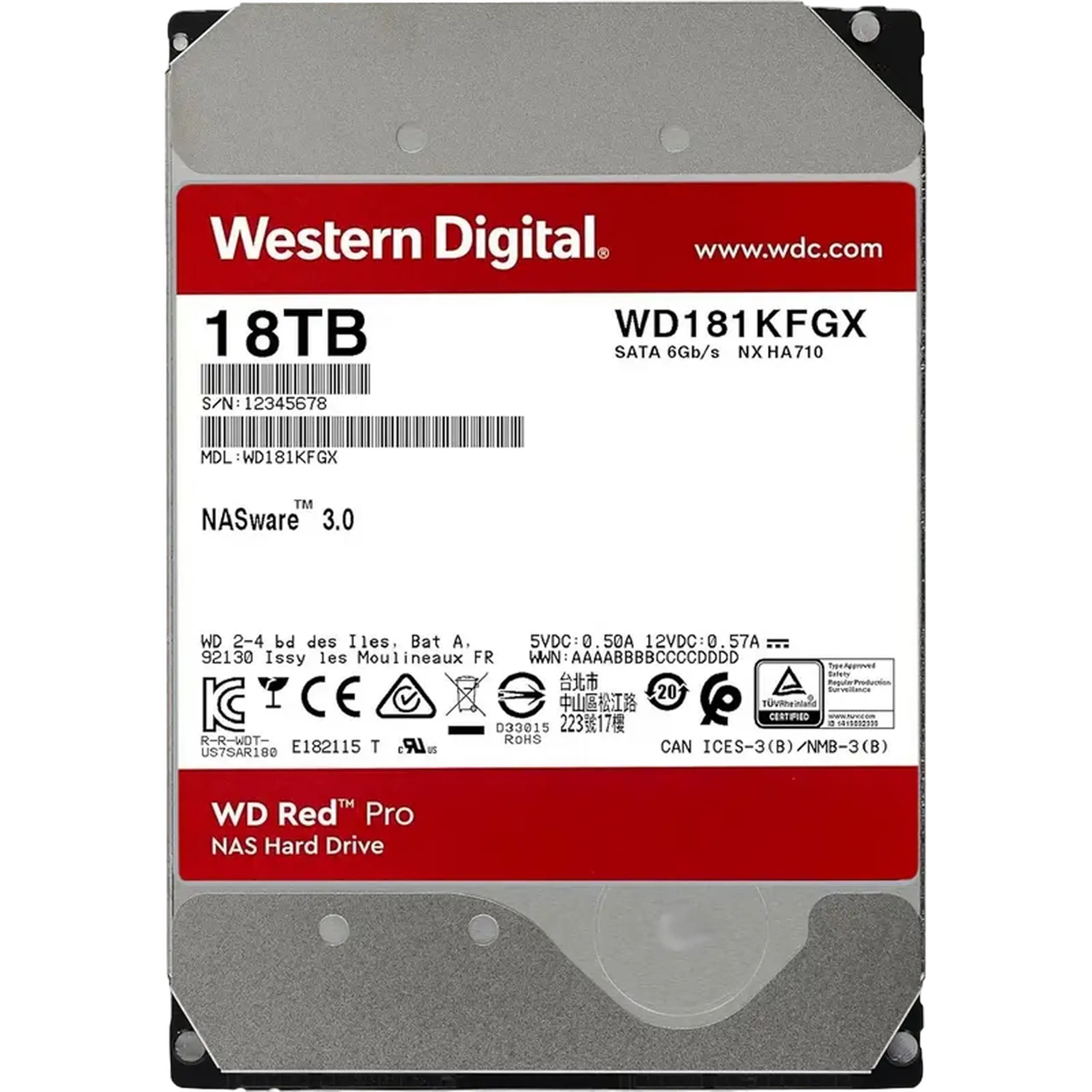 HDD de 3,5" 18,0TB - SATA - 512MB Western Digital "Red Pro (WD181KFGX)", NAS, CMR, 7200rpm, 2,5M (MTBF)