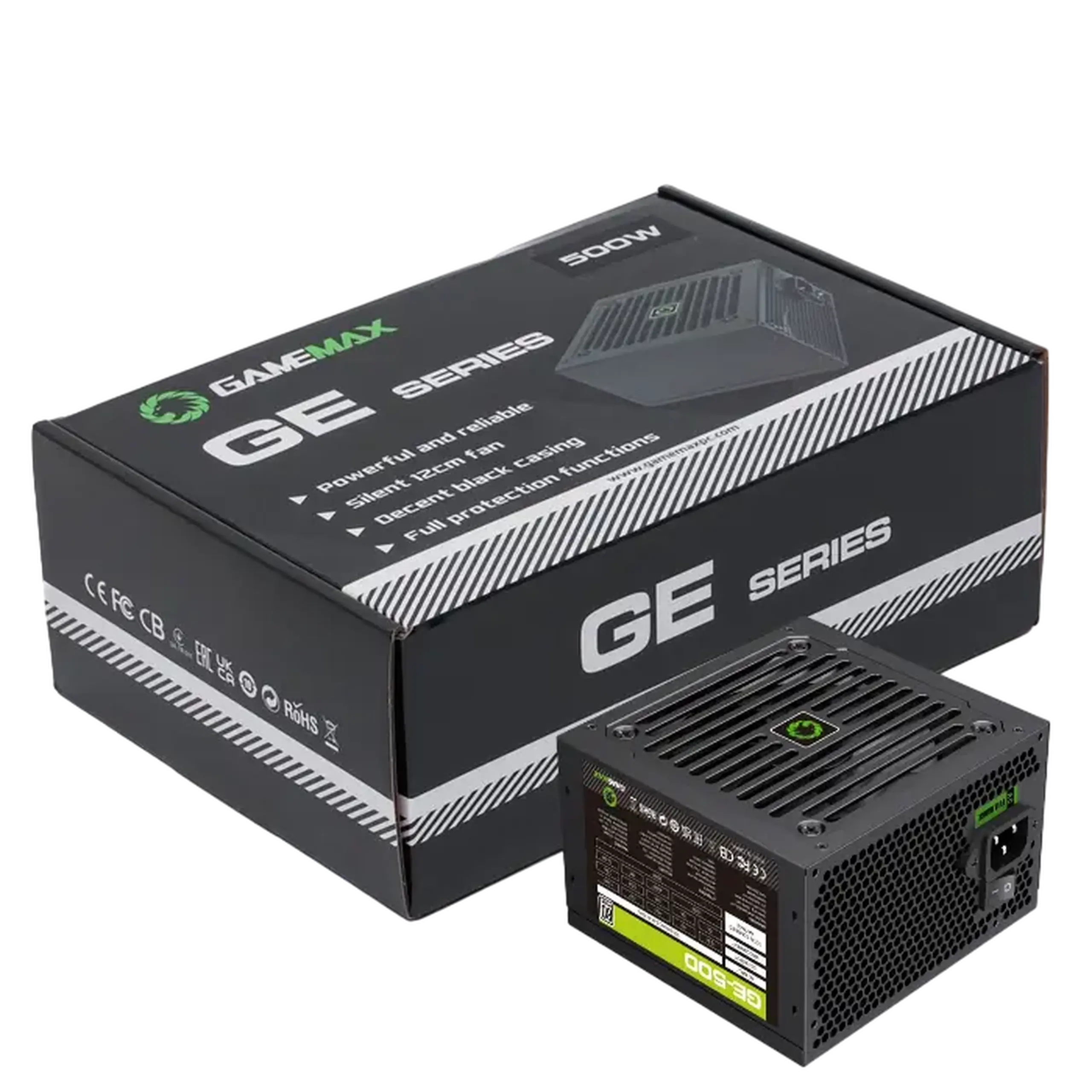 Sursă de alimentare ATX 500W GAMEMAX GE - 500, 80+, 120mm, PFC activ, ventilator de control al temperaturii, negru