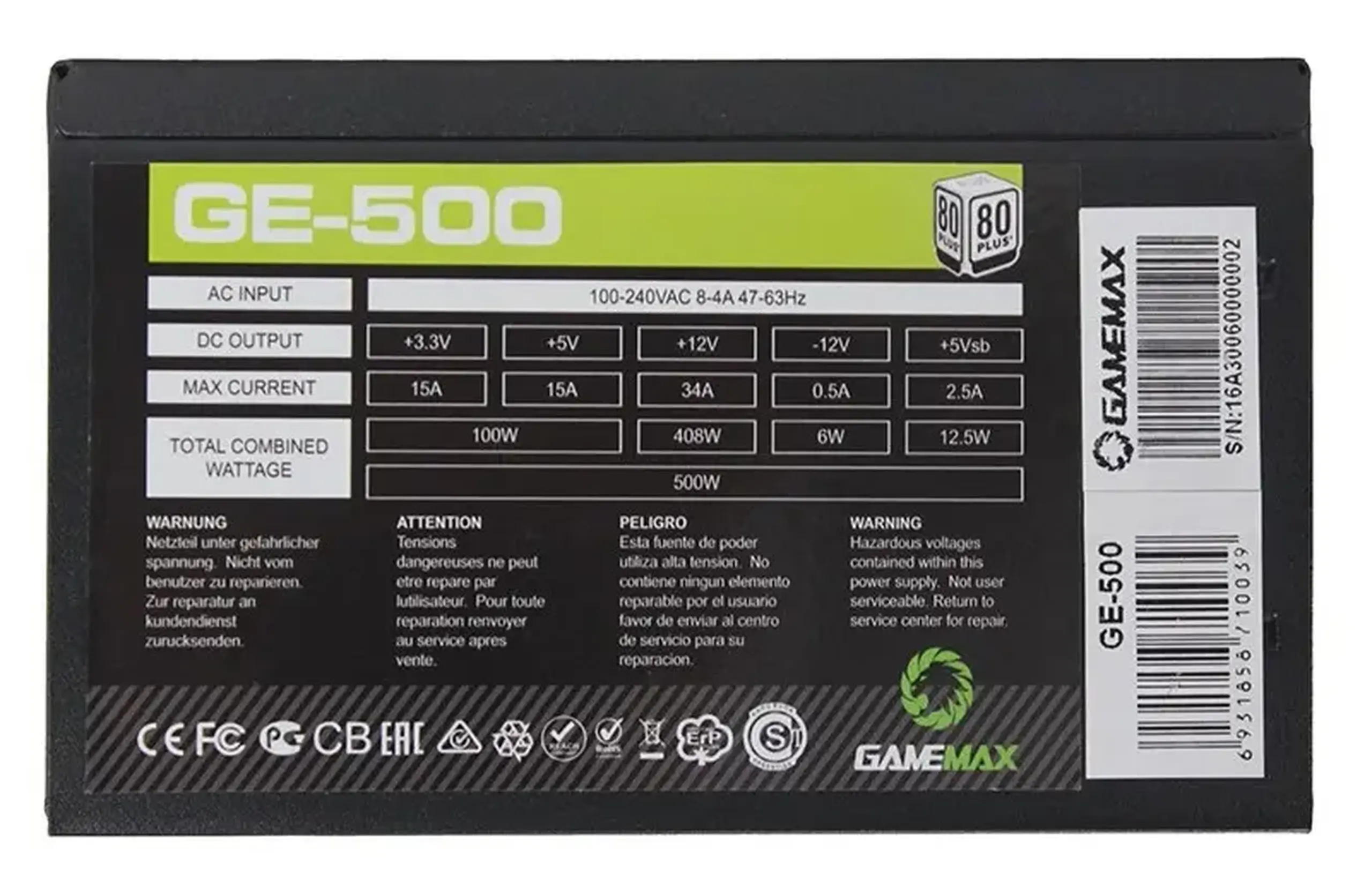 Sursă de alimentare ATX 500W GAMEMAX GE - 500, 80+, 120mm, PFC activ, ventilator de control al temperaturii, negru