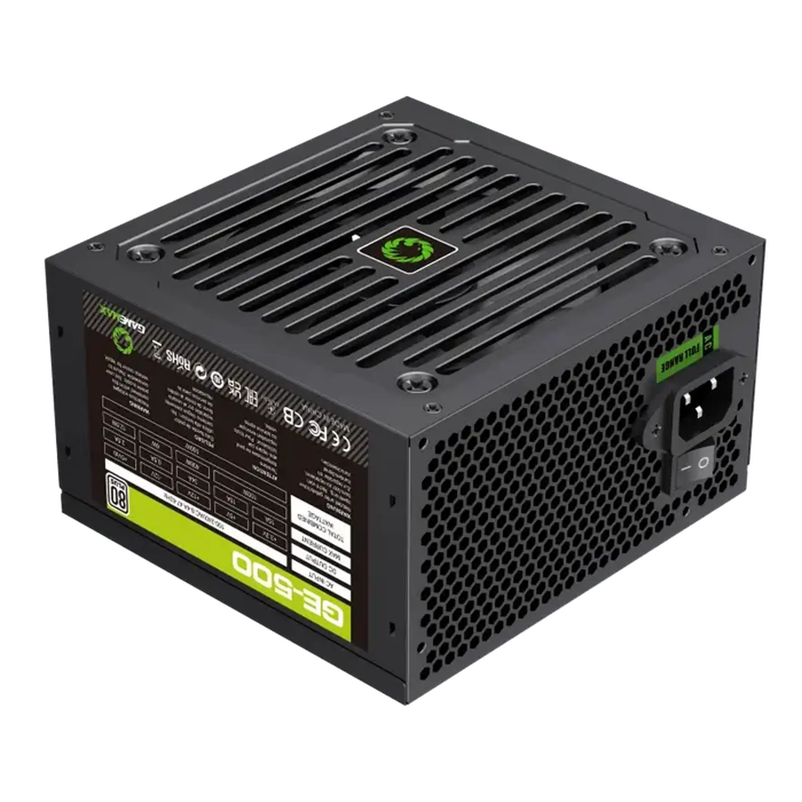 Sursă de alimentare ATX 500W GAMEMAX GE - 500, 80+, 120mm, PFC activ, ventilator de control al temperaturii, negru