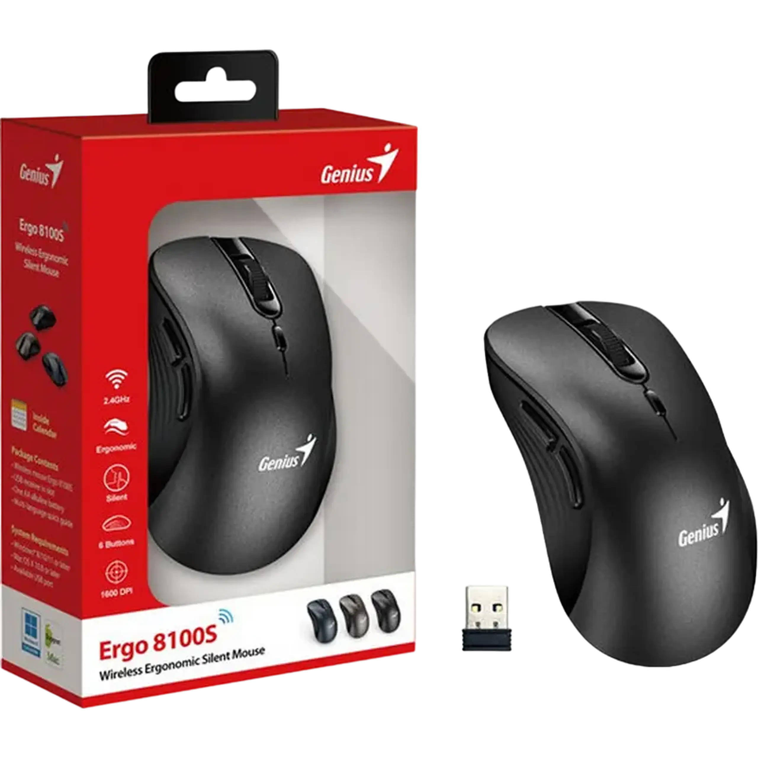 Mouse fără fir Genius Ergo 8100S, 800 - 1600 dpi, 6 butoane, Ergonomic, 60g, Silențios, 1xAA, 2.4Ghz, Bla