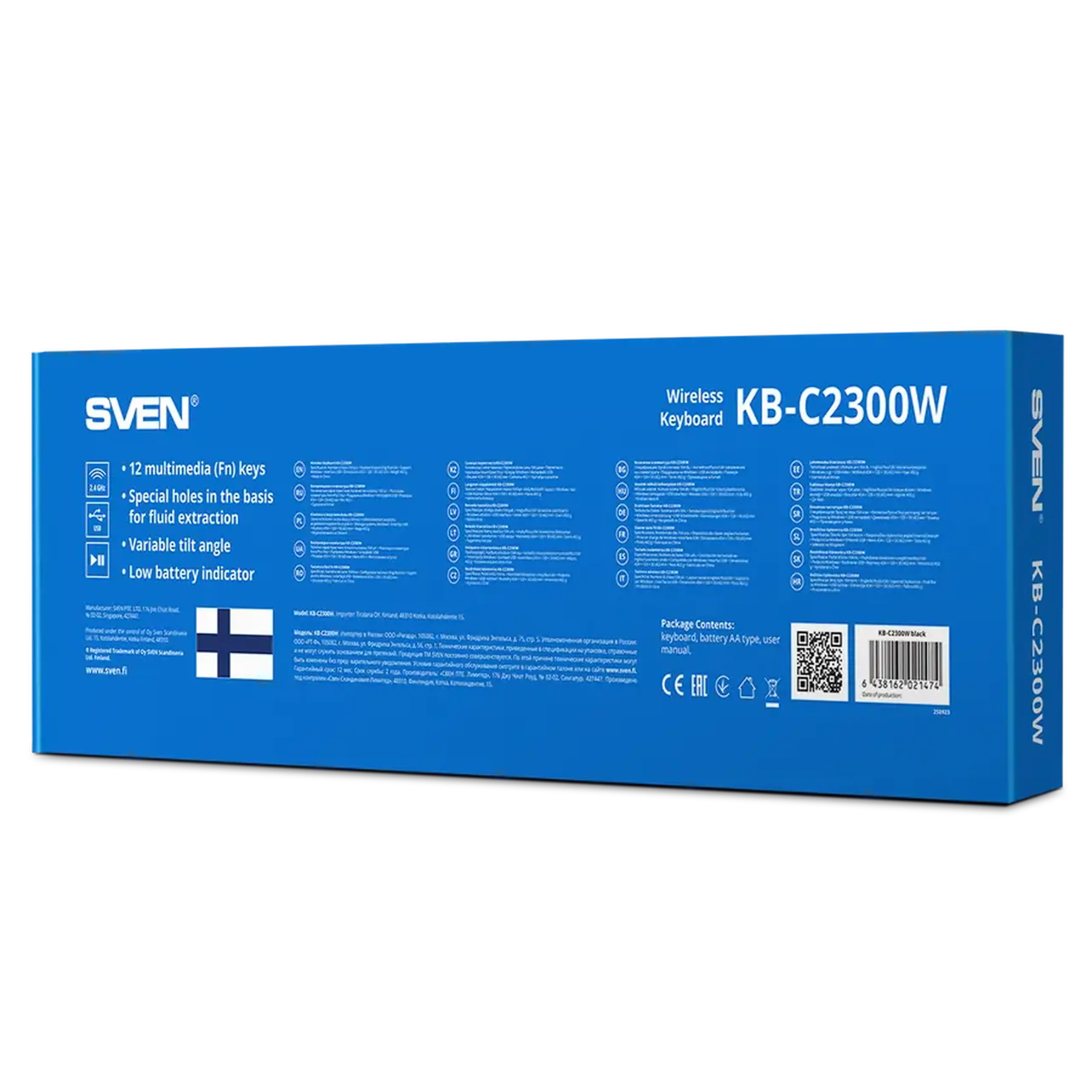 Tastatura Wireless SVEN KB - C2300W, taste Fn, rezistenta la stropire, indicator baterie, 2xAA, 2.4Ghz, EN/RU, Bla