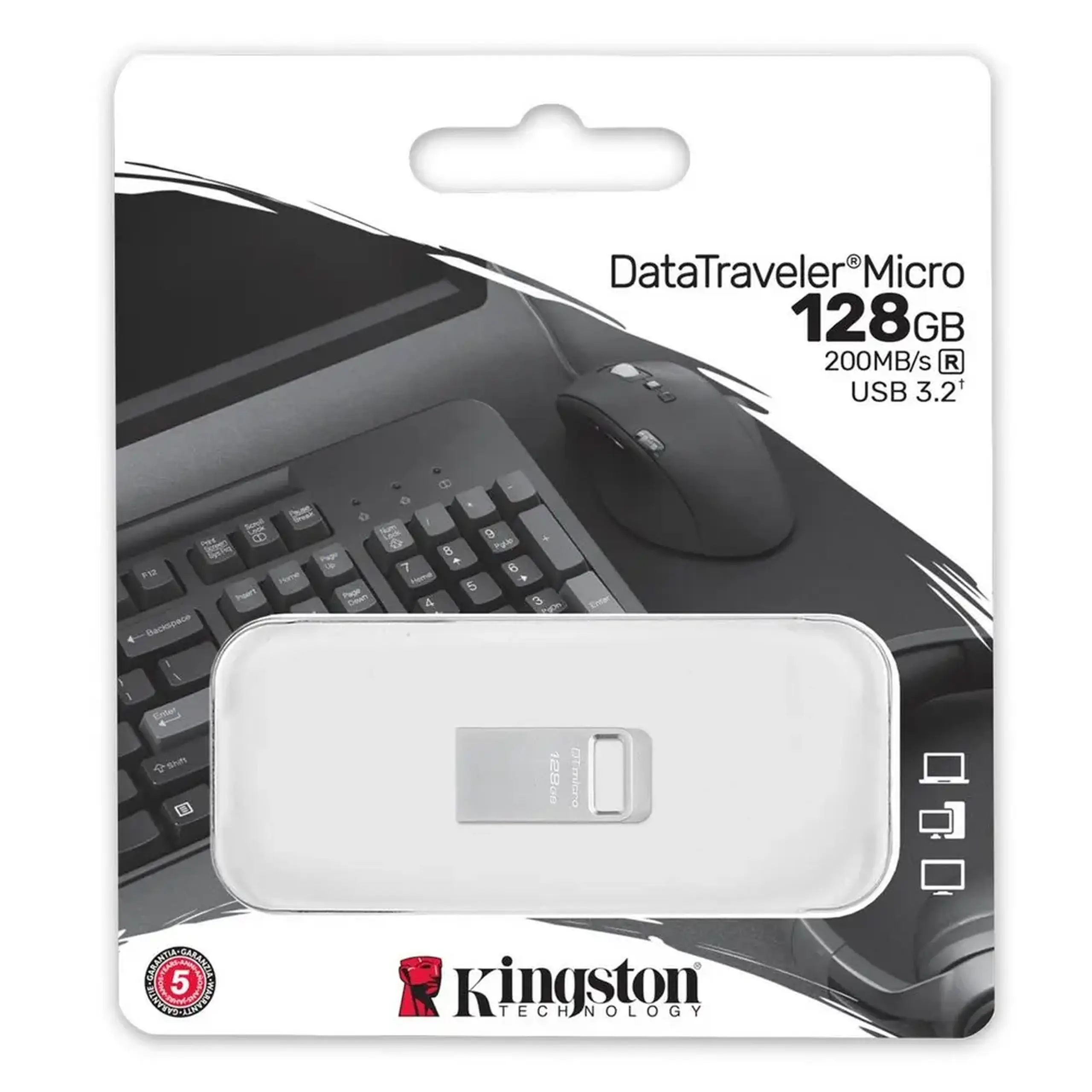 Unitate Flash USB3.2 de 128 GB Kingston DataTravaler Micro (DTMC3G2/128), carcasă metalică Premium (R:200MB/s)