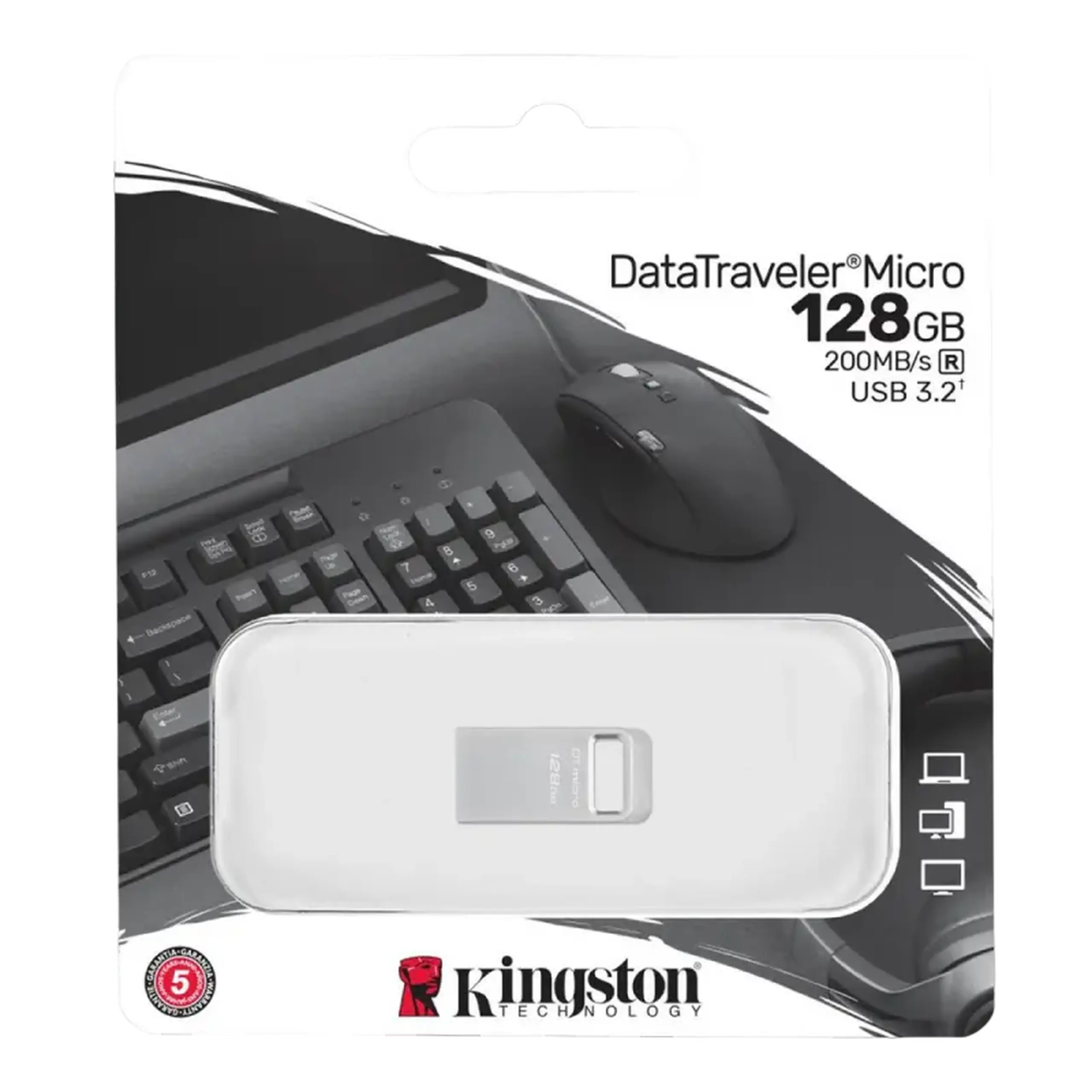 Unitate Flash USB3.2 de 128 GB Kingston DataTravaler Micro (DTMC3G2/128), carcasă metalică Premium (R:200MB/s)