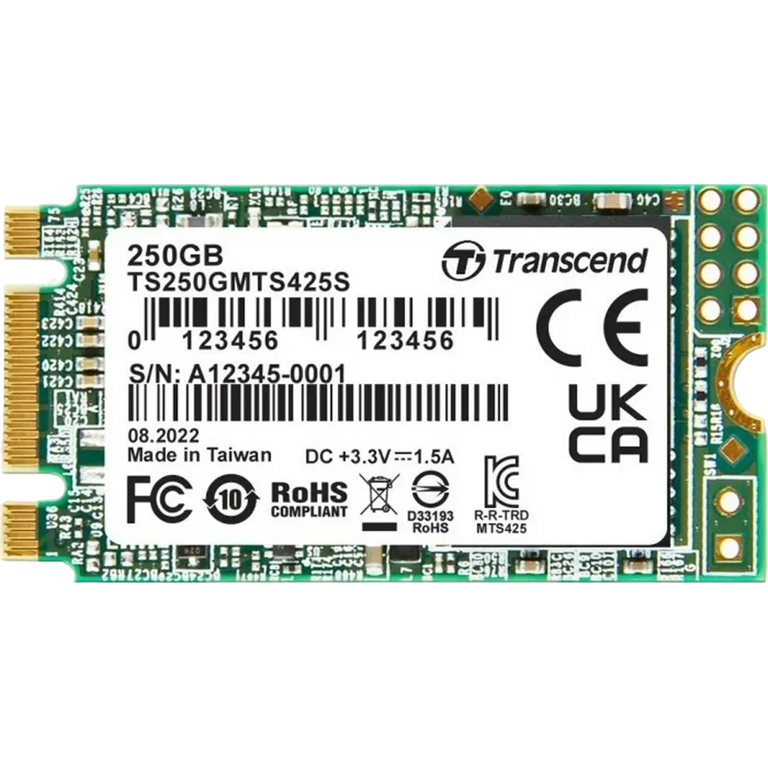 .M.2 SATA SSD 250GB Transcend „TS250GMTS425S” [42mm, R/W:500/330MB/s, 40K/75K IOPS, 90 TBW, 3D TLC]