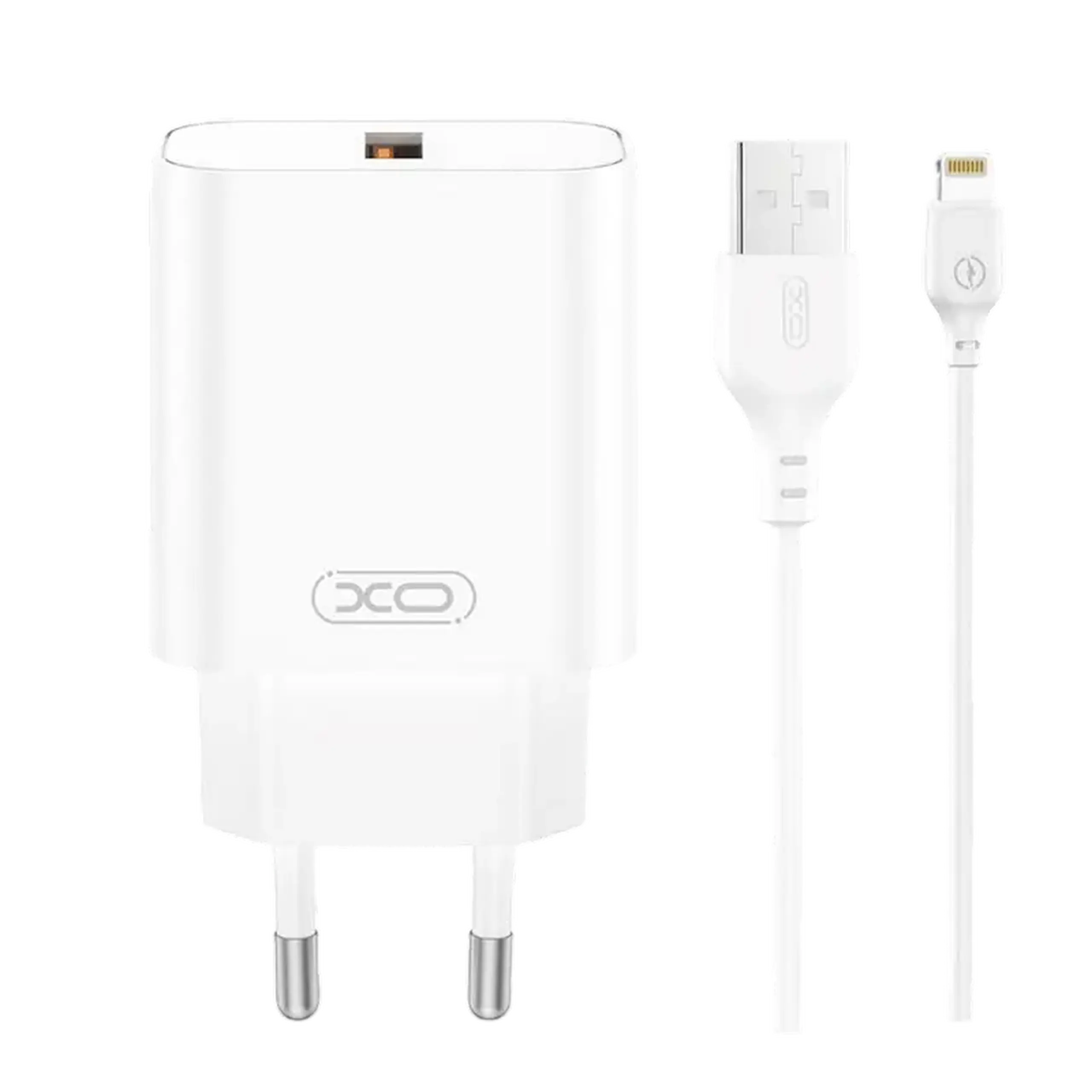 Incarcator de perete XO, 1USB, QC18W + cablu Lightning, CE33, Alb