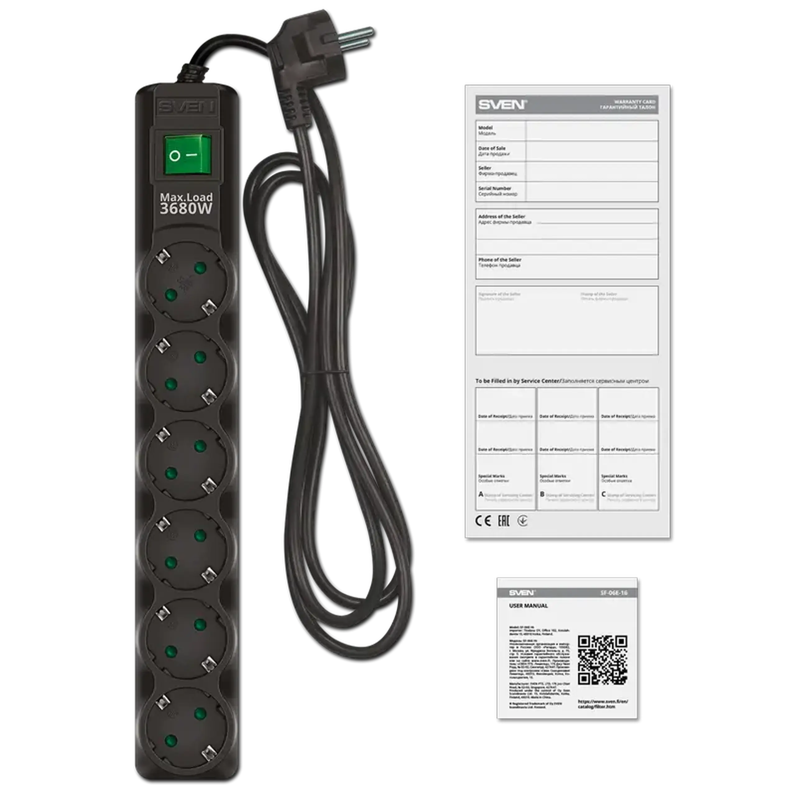 Prelungitor electric SVEN SF-06E-16, 6 Prize, 1,8m, Negru