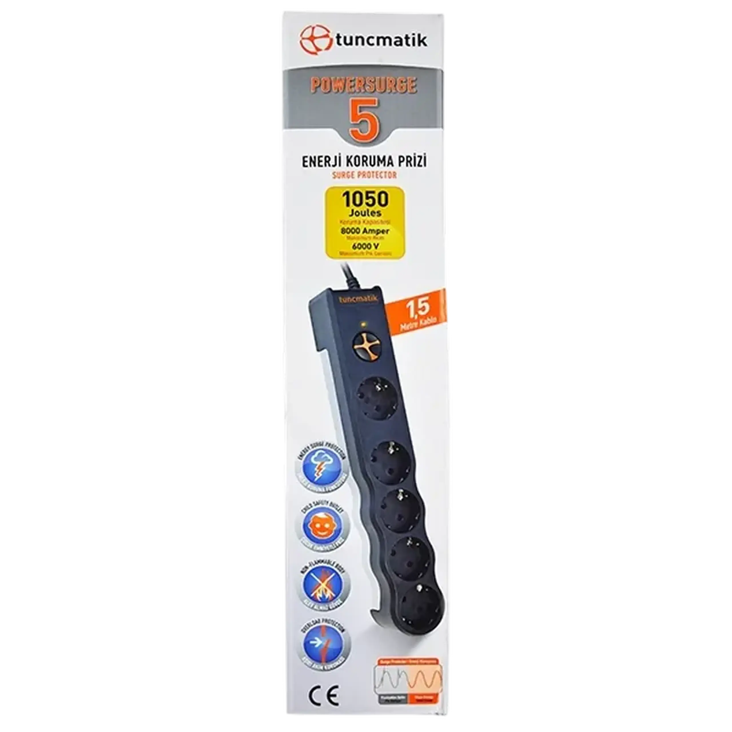 Prelungitor electric Tuncmatik TSK6136, 5 Prize, 1,5m, Negru