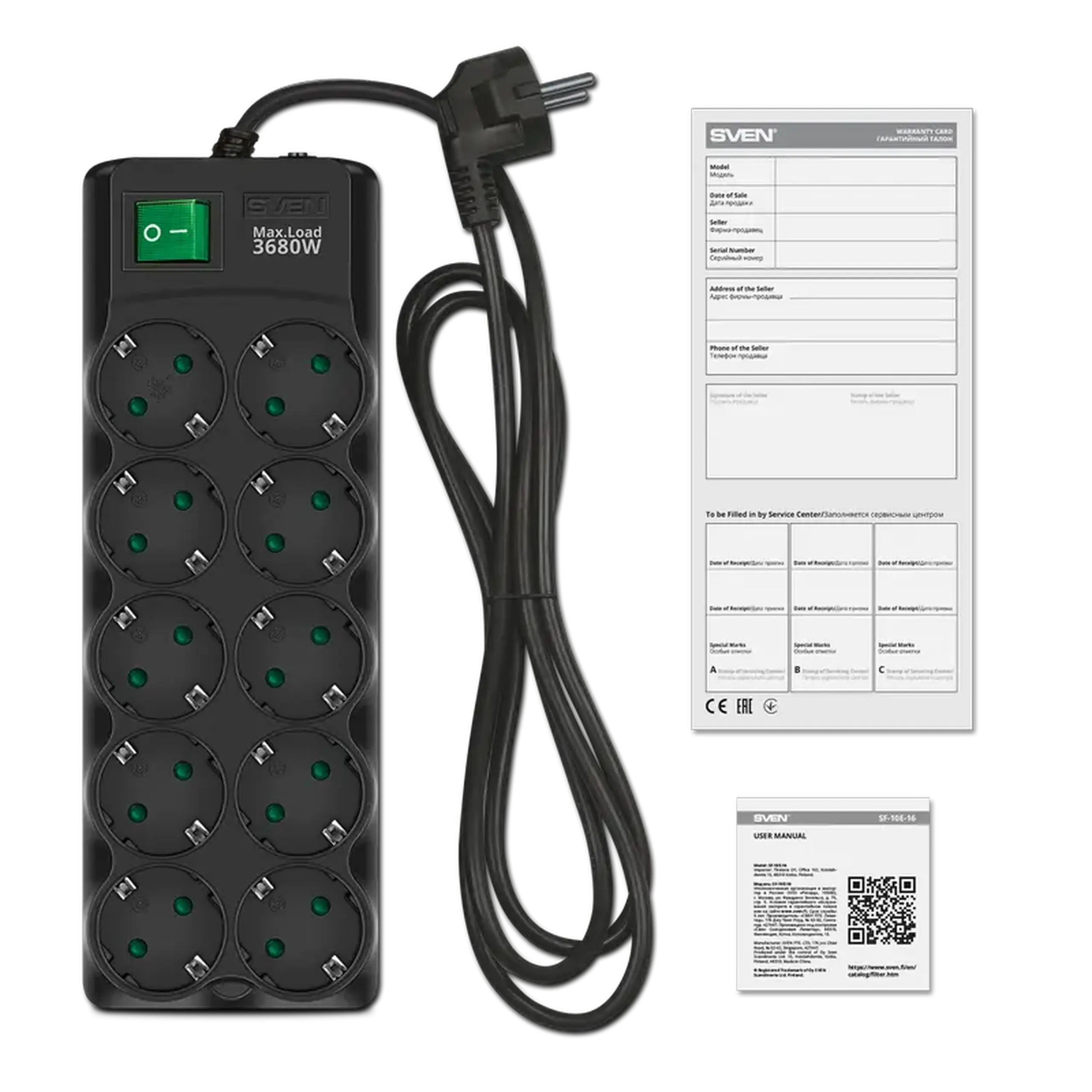 Prelungitor electric SVEN SF-10E-16, 10 Prize, 3m, Negru