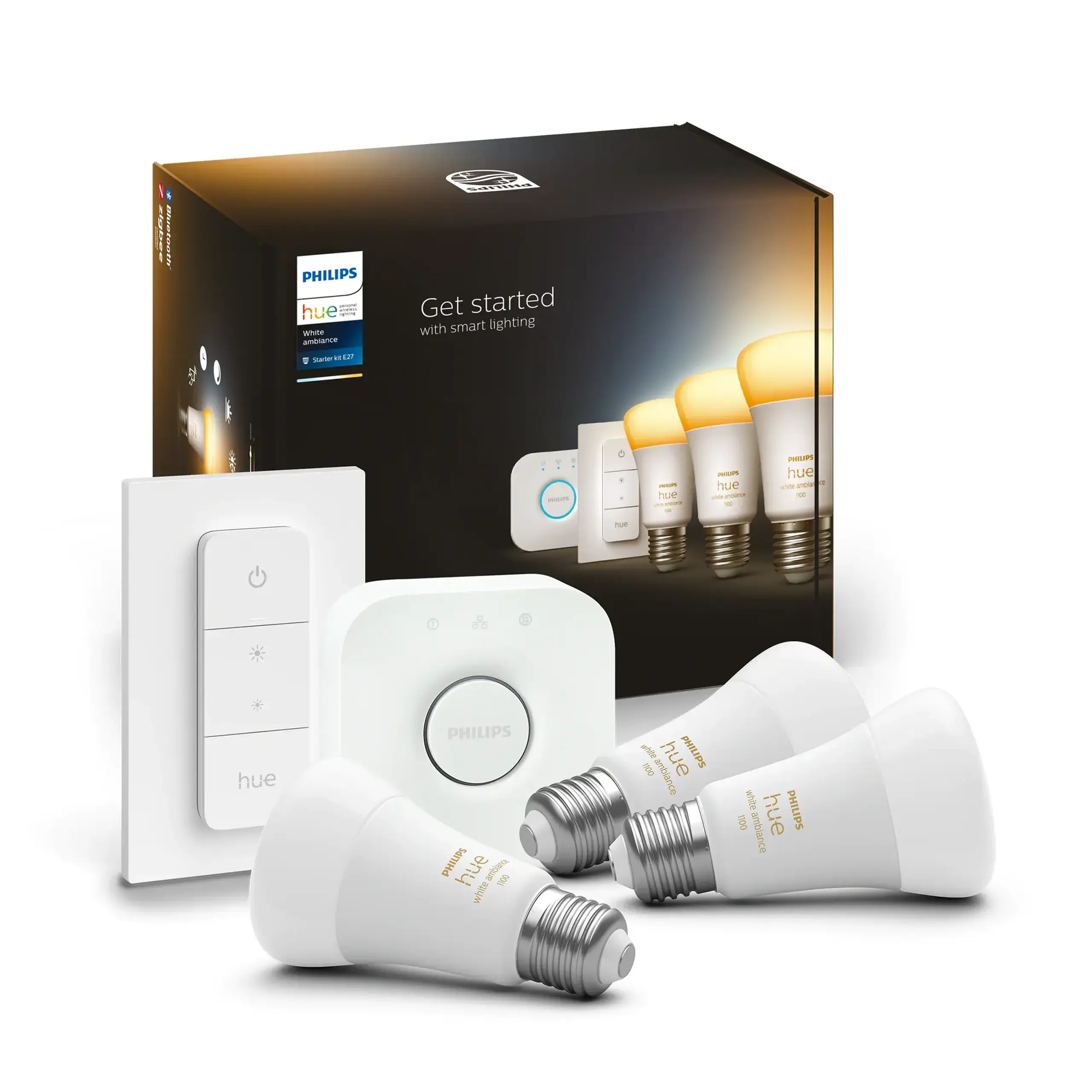 Pachet kit baza 3 becuri LED Philips Hue, Bluetooth, Zigbee, A60, E27, 8W (75W), 806 lm, lumina alba (2200-6500K) + Consola Hue Bridge + Intrerupator