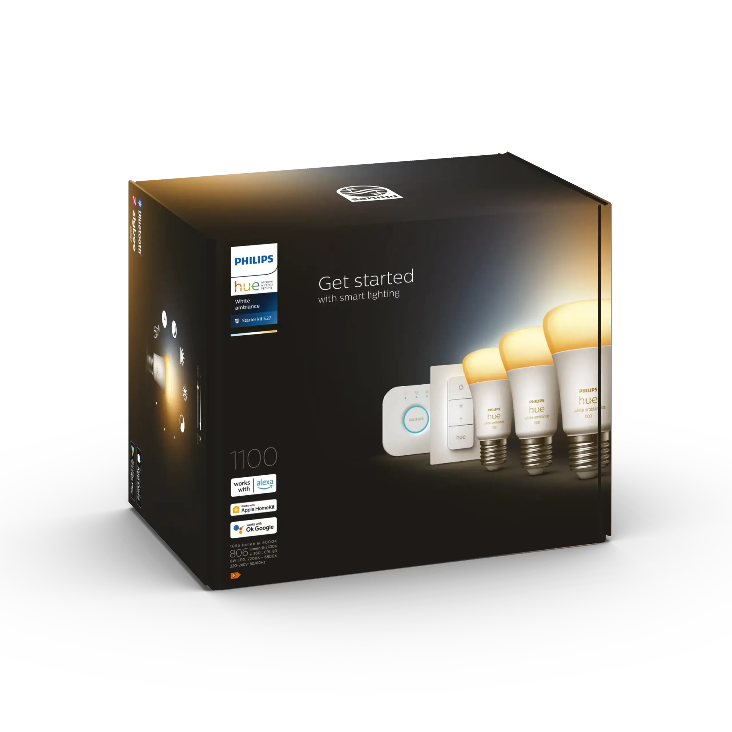 Pachet kit baza 3 becuri LED Philips Hue, Bluetooth, Zigbee, A60, E27, 8W (75W), 806 lm, lumina alba (2200-6500K) + Consola Hue Bridge + Intrerupator