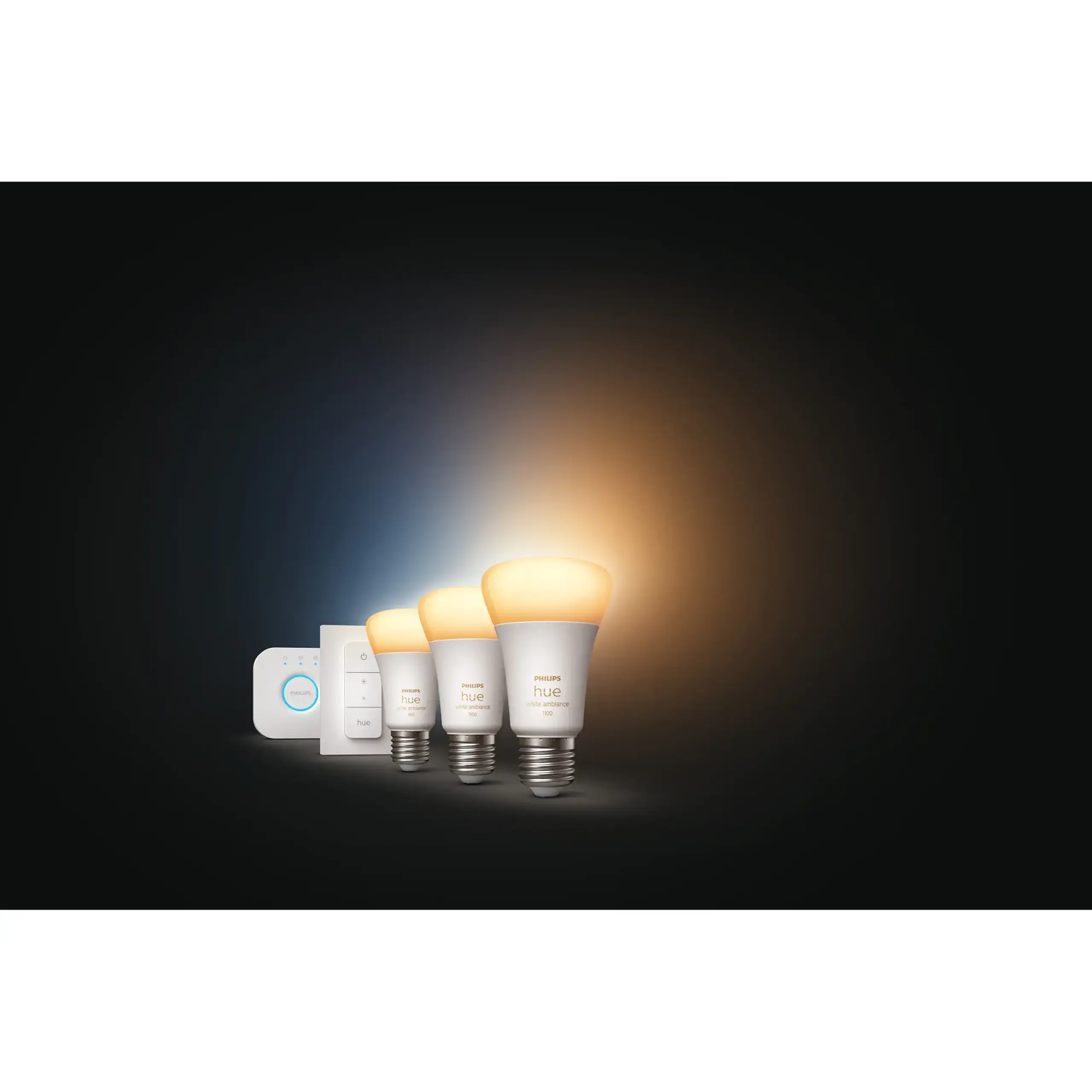 Pachet kit baza 3 becuri LED Philips Hue, Bluetooth, Zigbee, A60, E27, 8W (75W), 806 lm, lumina alba (2200-6500K) + Consola Hue Bridge + Intrerupator