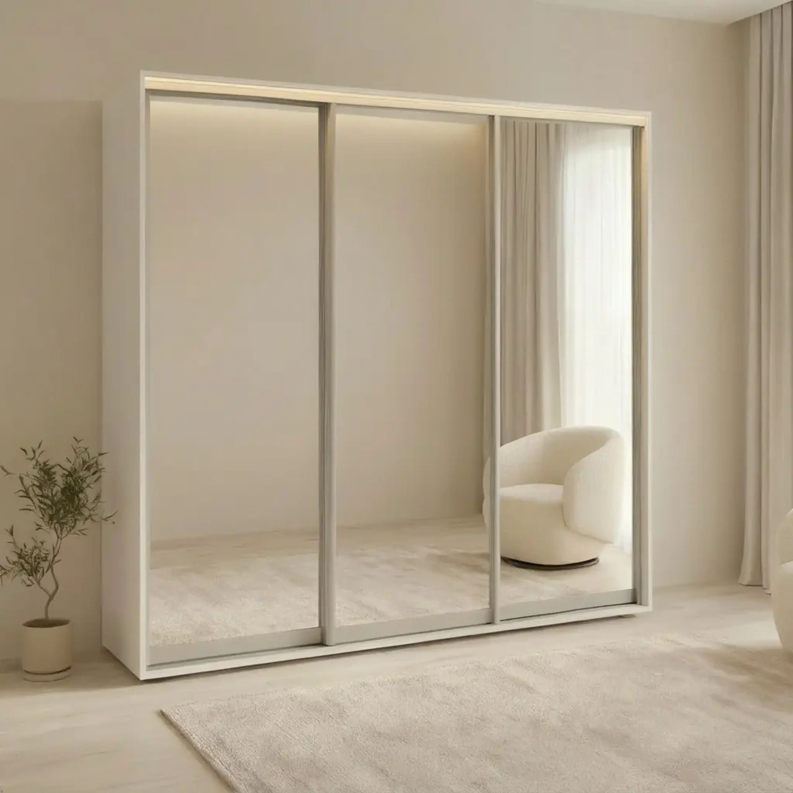 Dulap Cupe Fenix cu 3 usi, 3 Oglinda, Alb, 260x60x240 cm