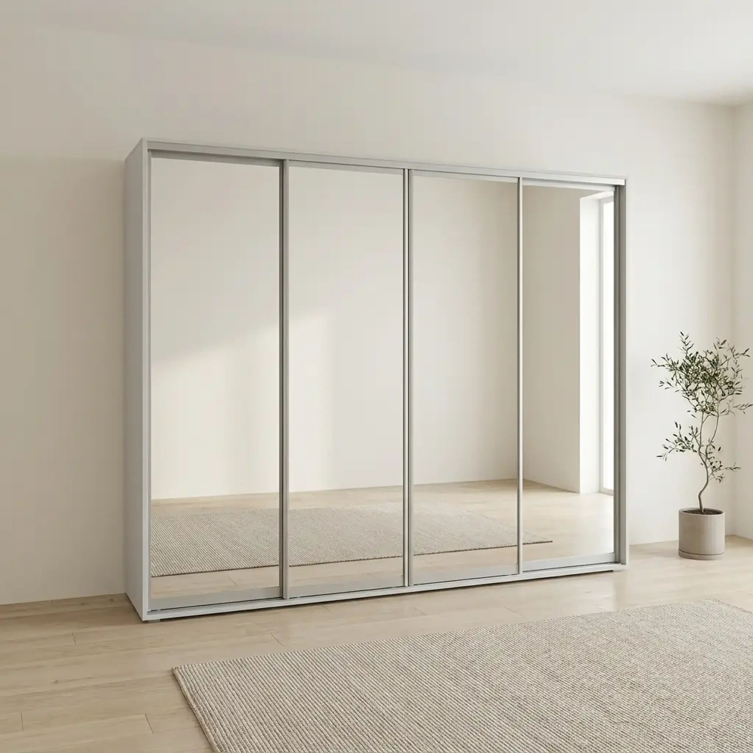 Dulap Cupe Fenix cu 4 usi, 4 Oglinda, Alb, 300x60x240 cm
