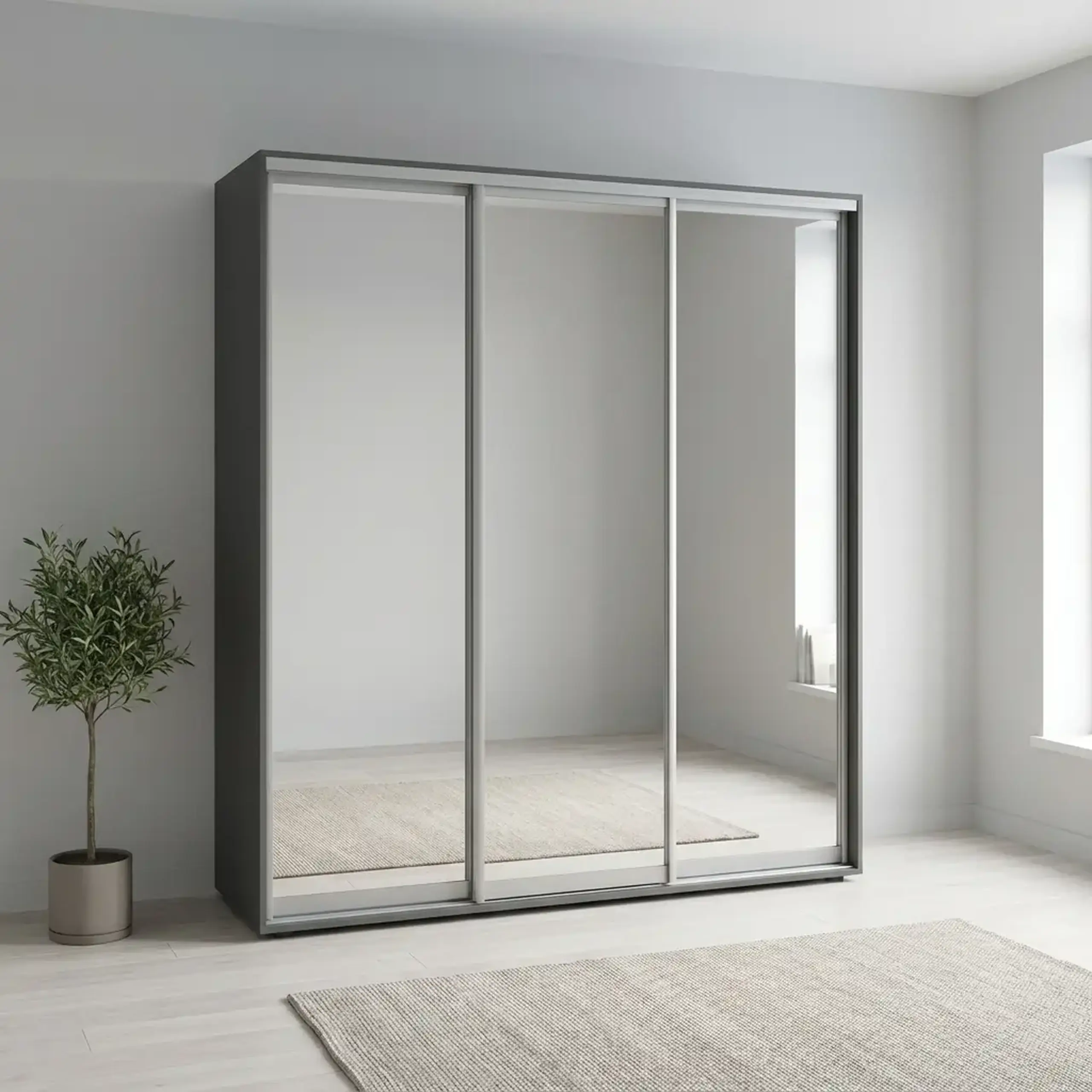 Dulap Cupe Fenix cu 3 usi, 3 Oglinda, Antracit, 200x60x220 cm