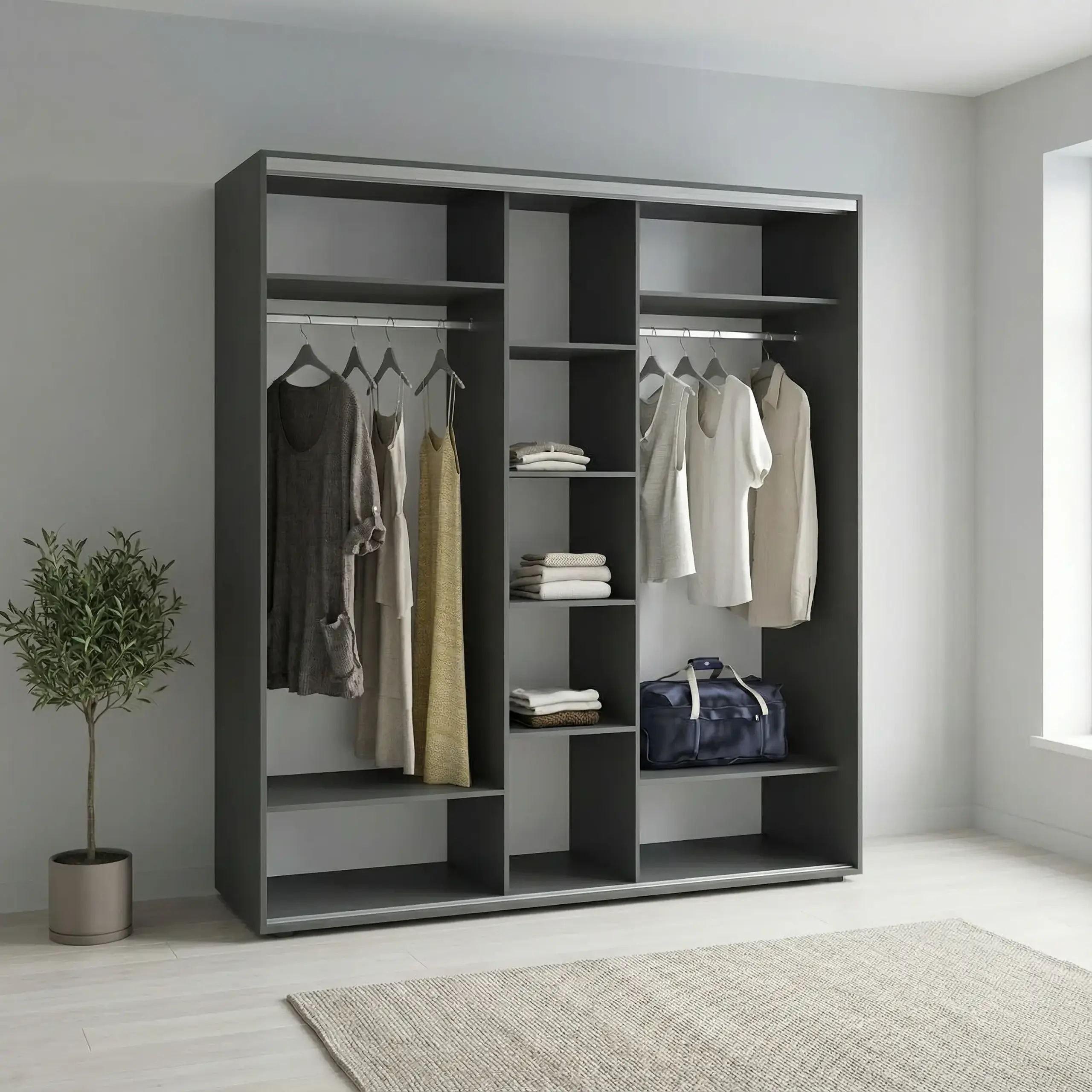 Dulap Cupe Fenix cu 3 usi, 3 PAL, Antracit, 220x60x220 cm