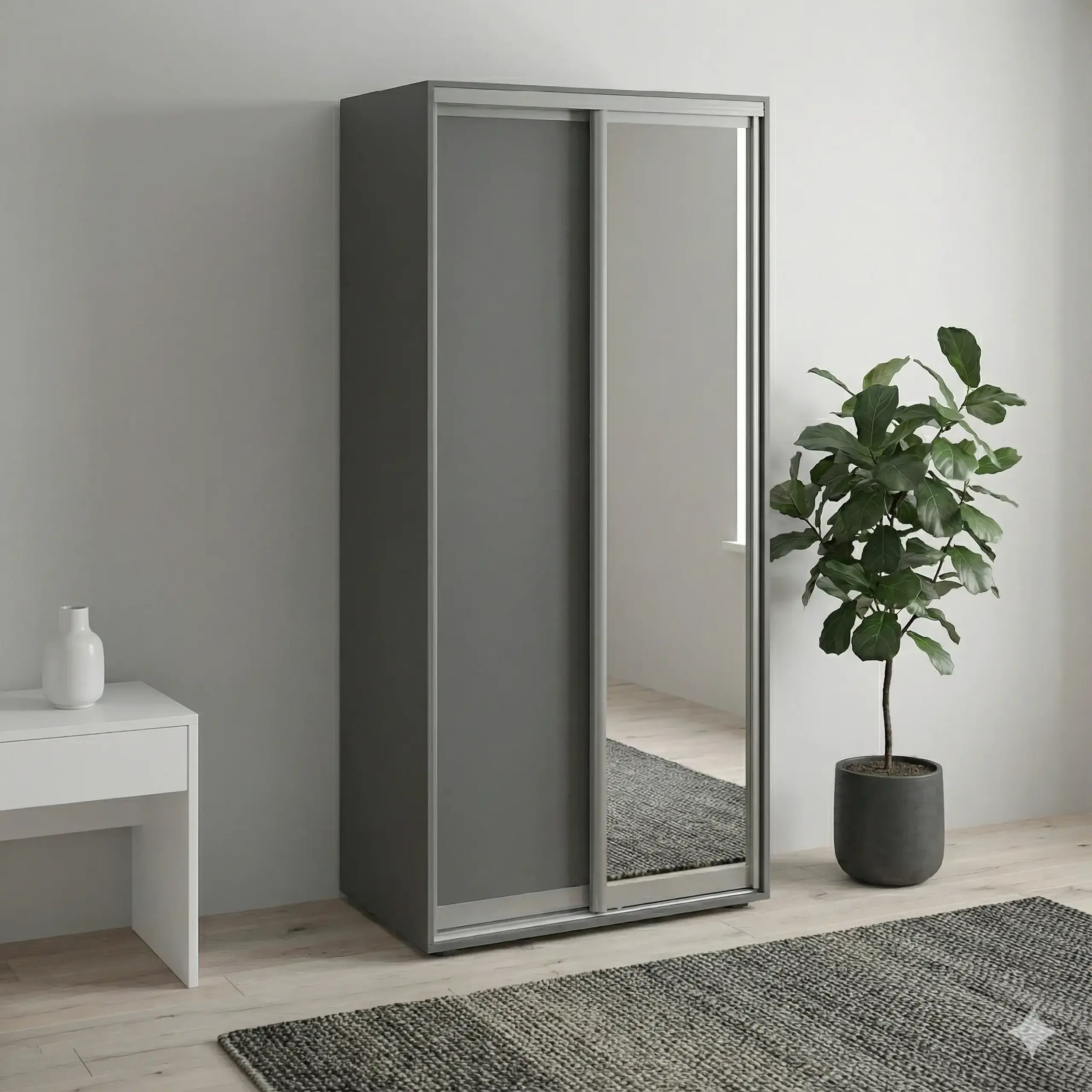 Dulap Cupe Fenix cu 2 usi, 1 PAL + 1 Oglinda, Antracit, 100x60x220 cm