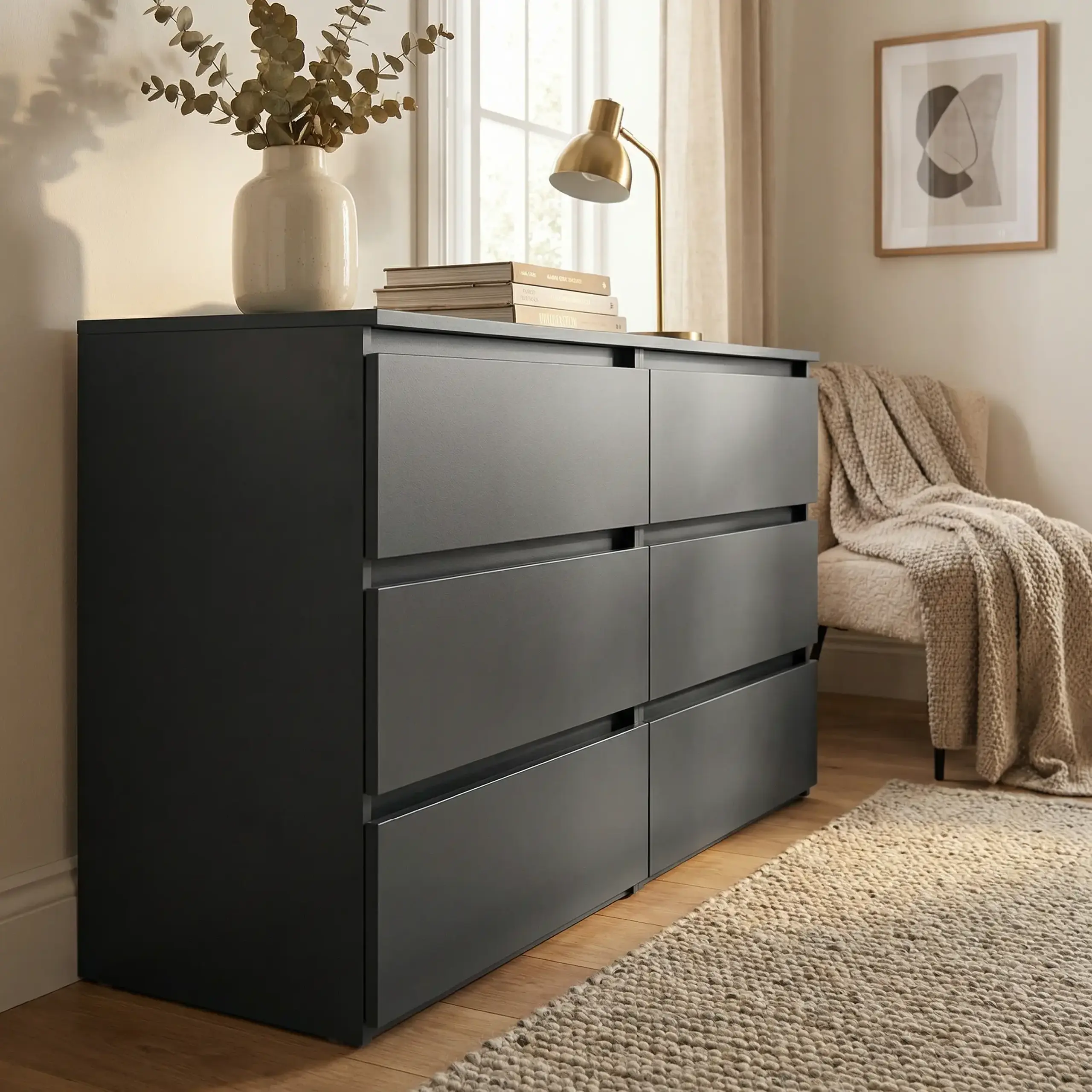 Comoda 4home Ideea K, 76x120x42 cm, 6 sertare, Gri Grafit/Gri Grafit