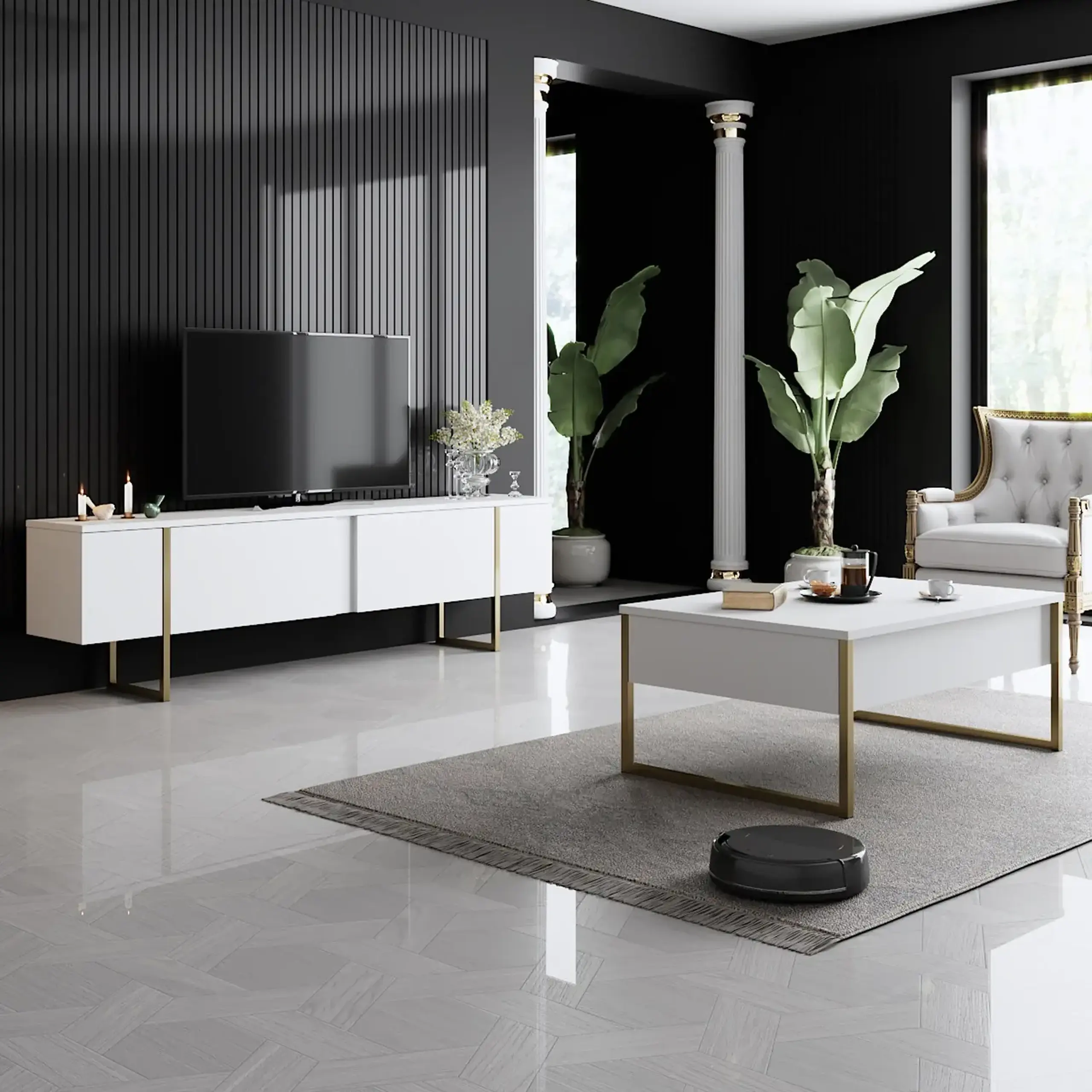 Suport TV Lux - alb, auriu 180 x 50 x 30 cm