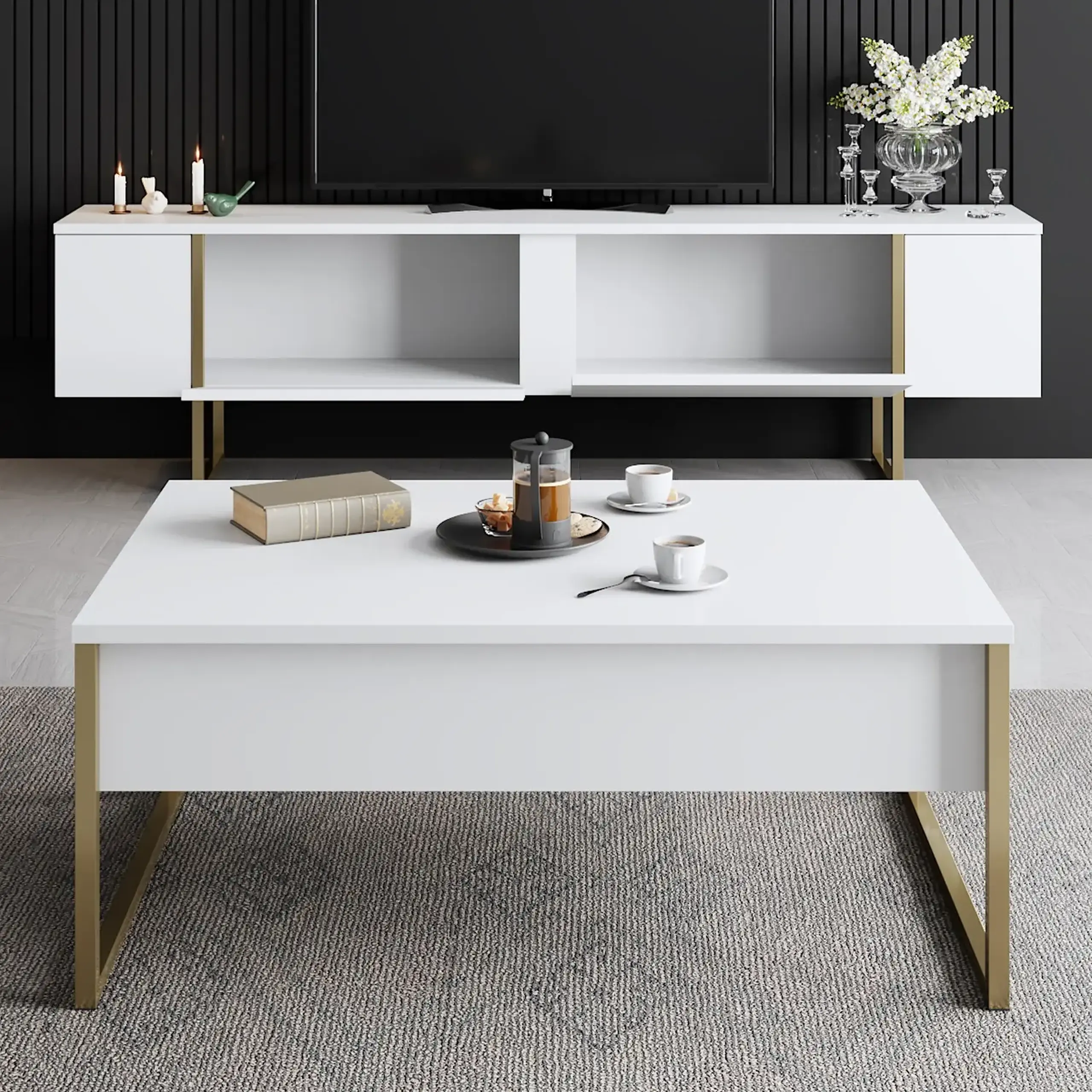 Suport TV Lux - alb, auriu 180 x 50 x 30 cm