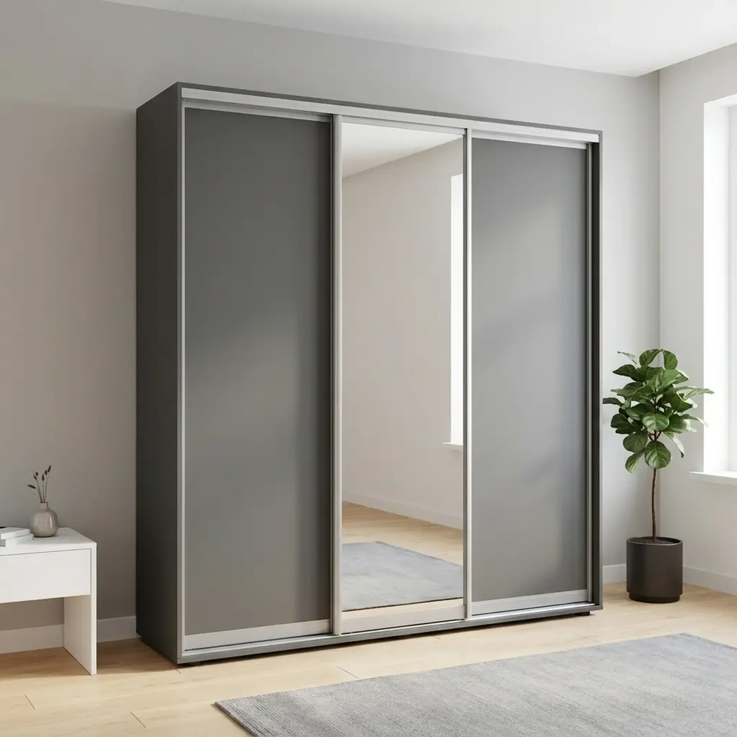 Dulap Cupe Fenix cu 3 usi, 2 PAL + 1 Oglinda, Antracit, 200x60x220 cm