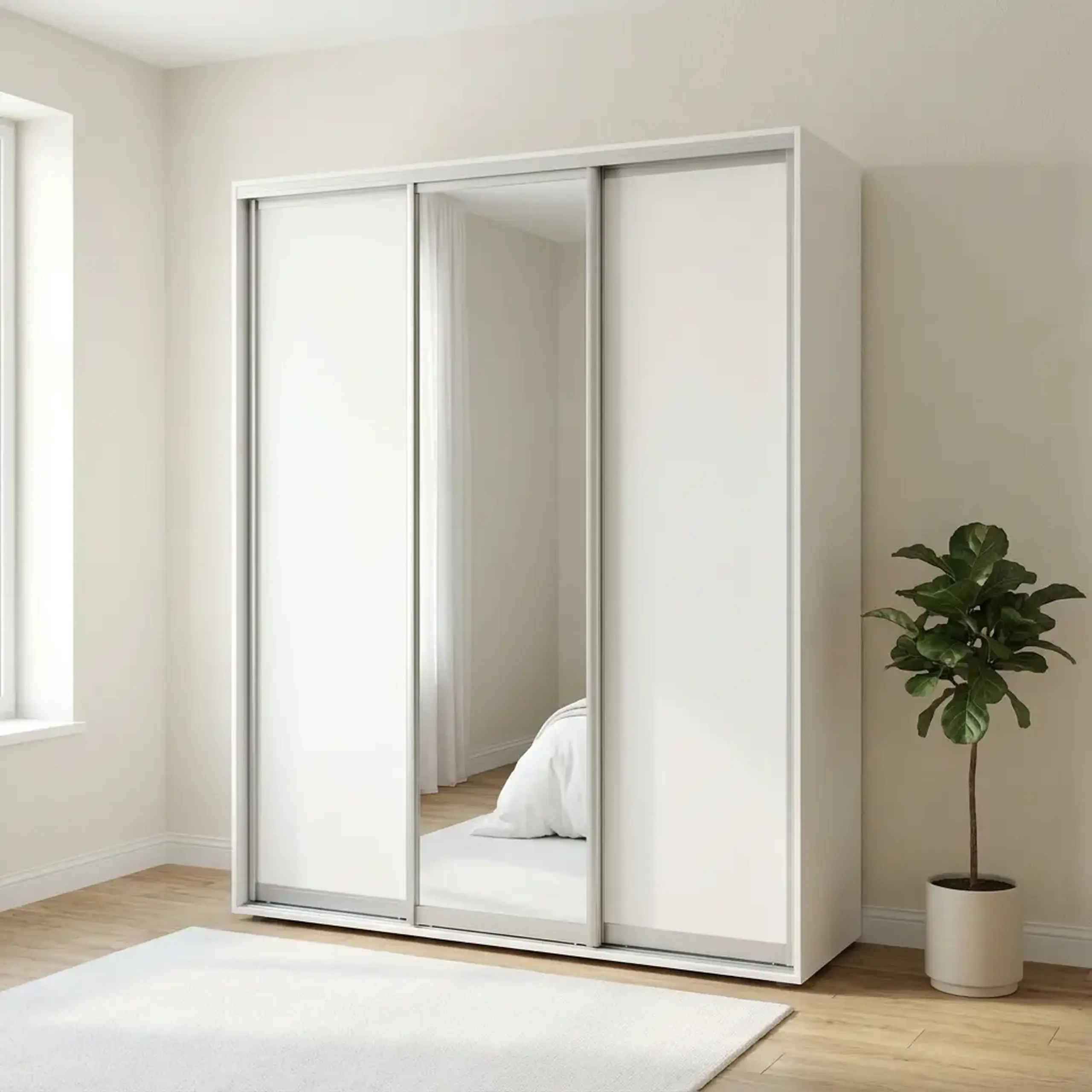 Dulap Cupe Fenix cu 3 usi, 2 PAL + 1 Oglinda, Alb, 200x60x220 cm