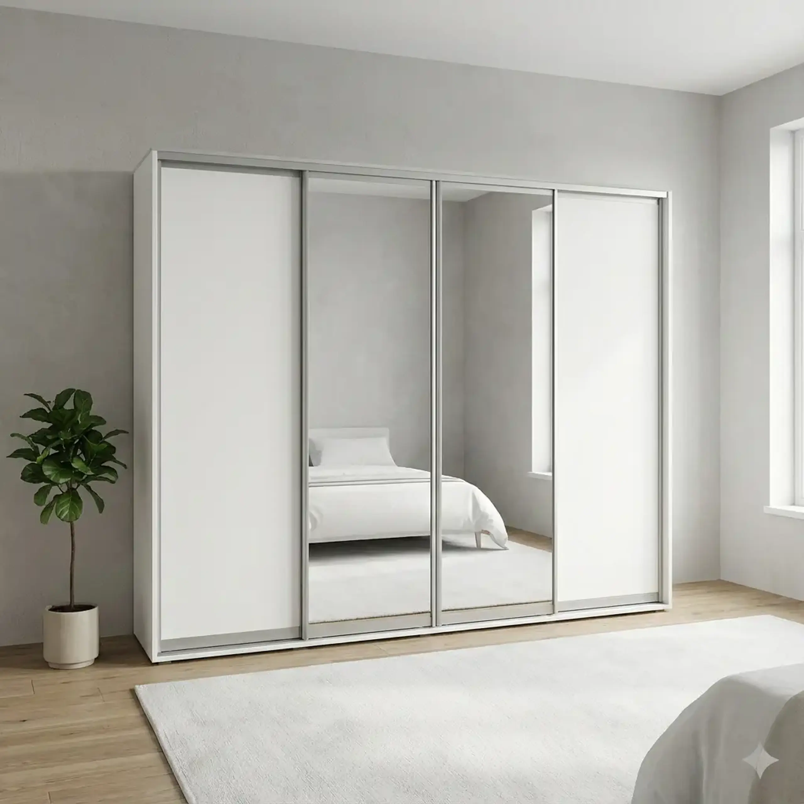 Dulap Cupe Fenix cu 4 usi, 2 PAL + 2 Oglinda, Alb, 280x60x220 cm