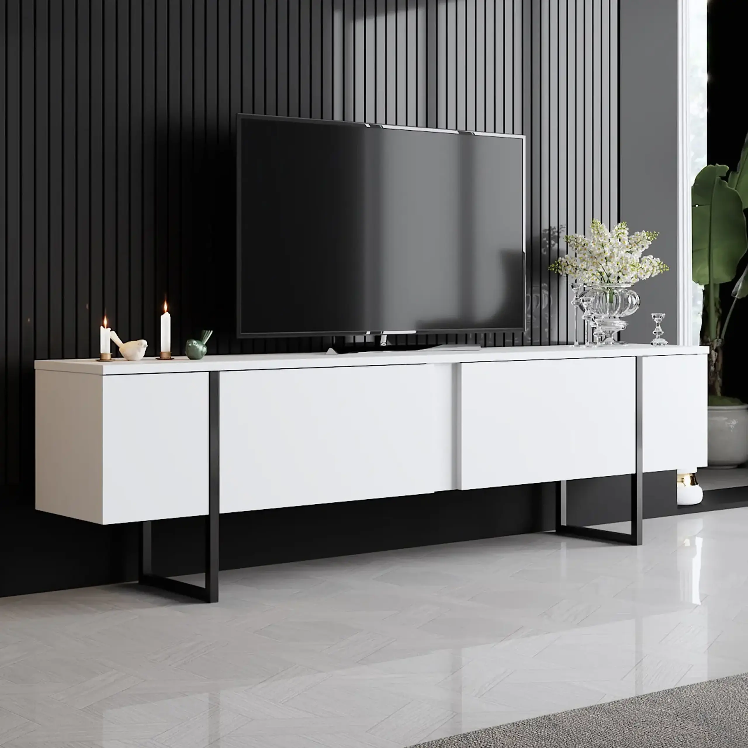 Suport TV, Luxe, AlbNegru, 180 x 50 x 30 cm