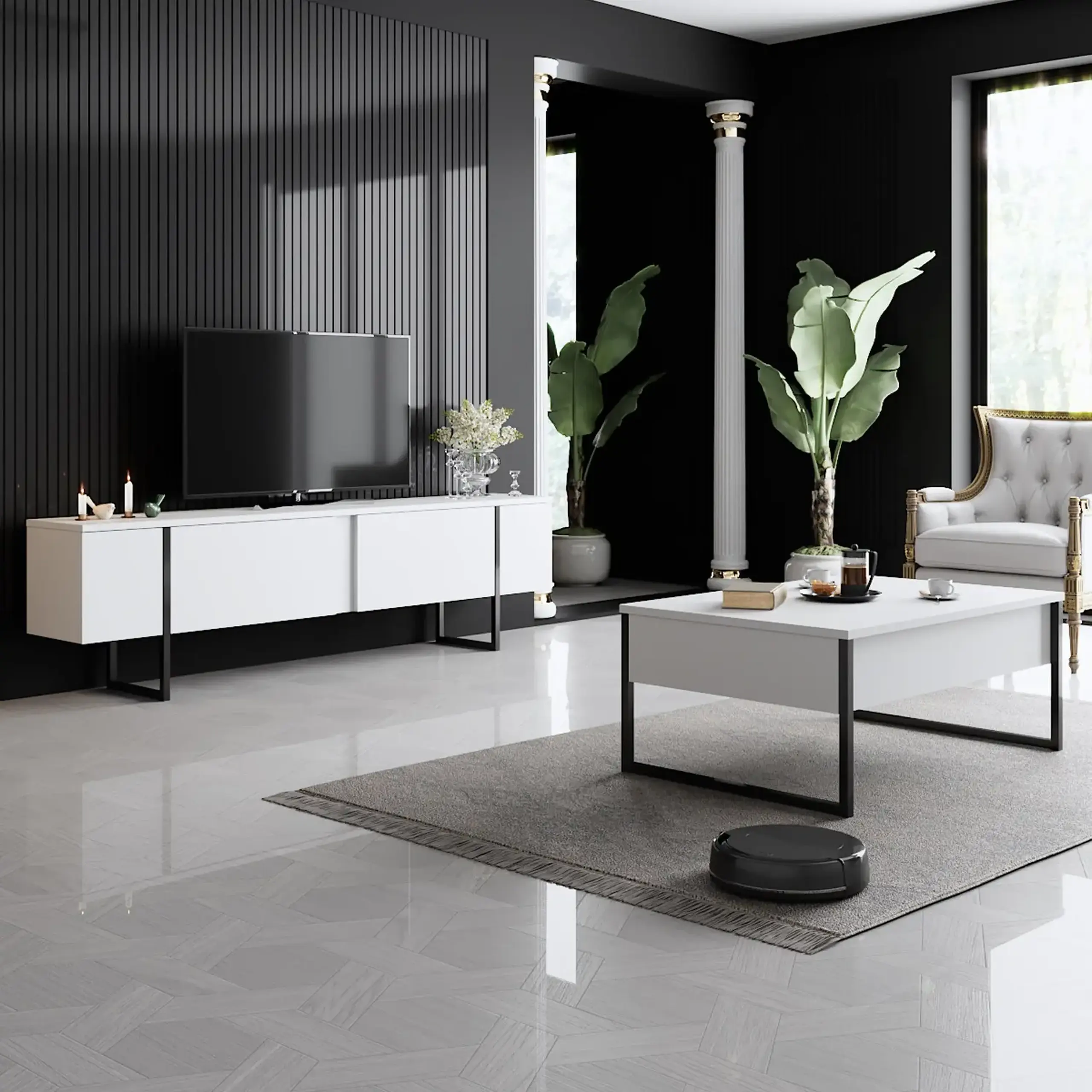 Suport TV, Luxe, AlbNegru, 180 x 50 x 30 cm