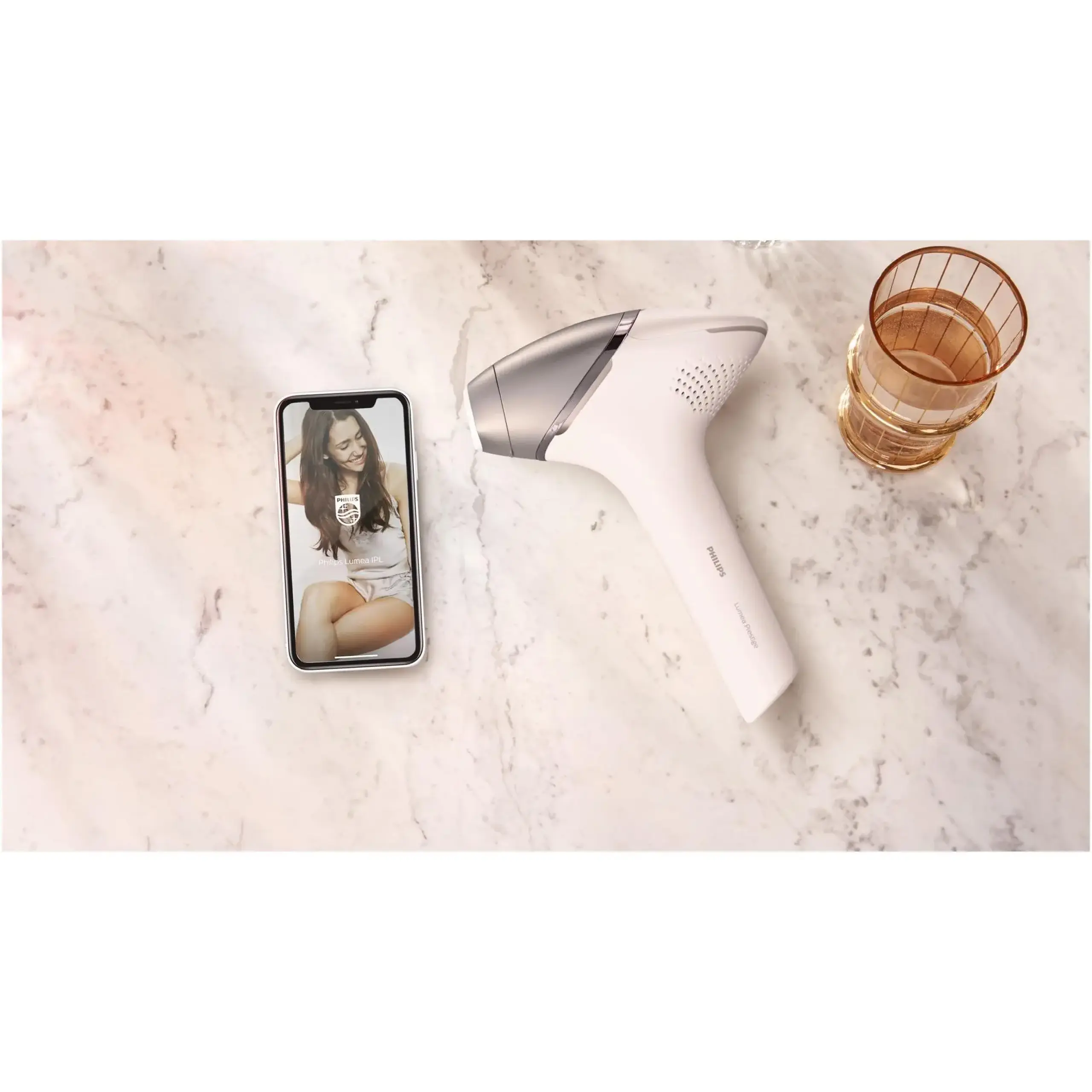 Epilator IPL Philips Lumea Seria 9900 BRI977/00, Senzor Smartskin, tehnologie SenseIQ, conectare la aplicatie cu functii Skin AI, utilizare cu sau fara fir, 450.000 impusuri, accesoriu fata, corp, axila si inghinal, Roz pudra