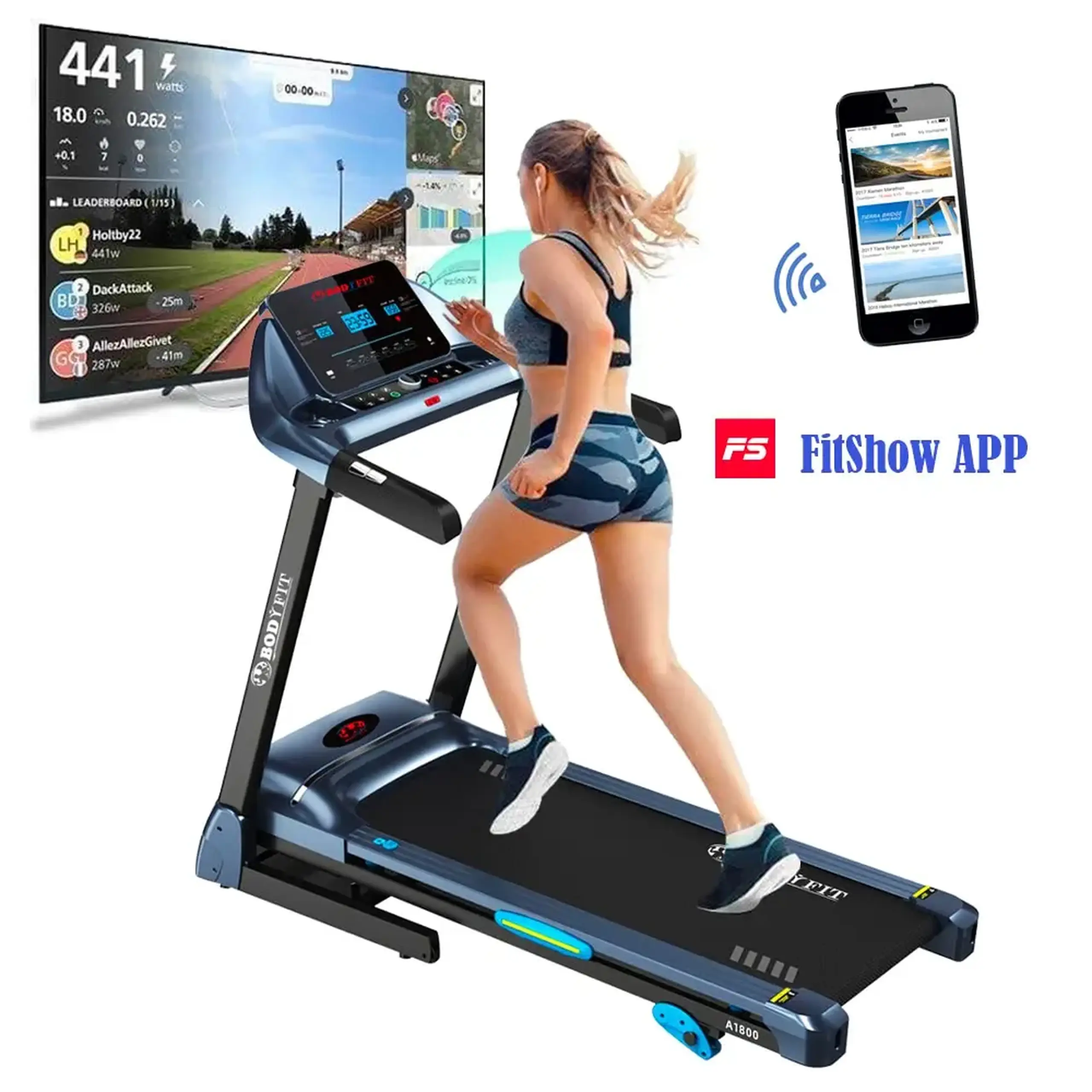 Banda de alergat electrica BodyFit A1800, motor 2.5CP, greutate suportata 130 kg, viteza maxima 14 km/h, MP3, USB, Fitshow App