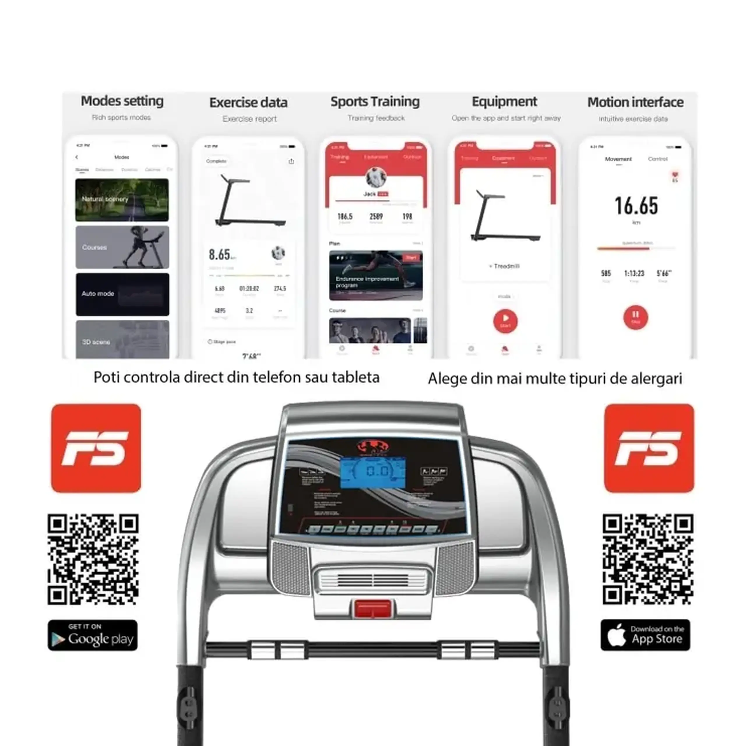 Banda de alergat electrica BodyFit A5000, motor 3.25 CP, Aplicatia Fitshow, viteza pana la 16 km/h, inclinatie automata, intrare MP3 si USB, pliabila