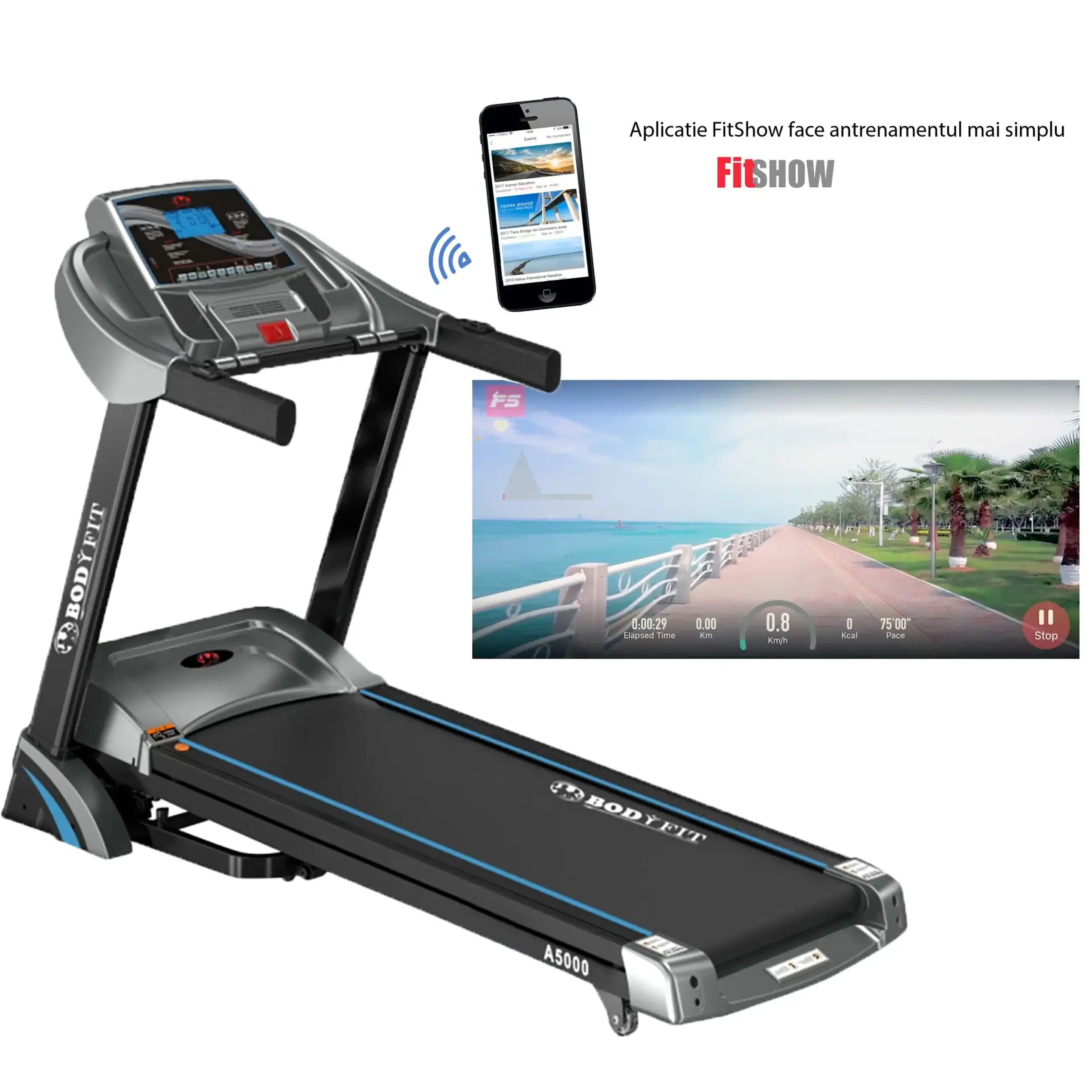 Banda de alergat electrica BodyFit A5000, motor 3.25 CP, Aplicatia Fitshow, viteza pana la 16 km/h, inclinatie automata, intrare MP3 si USB, pliabila