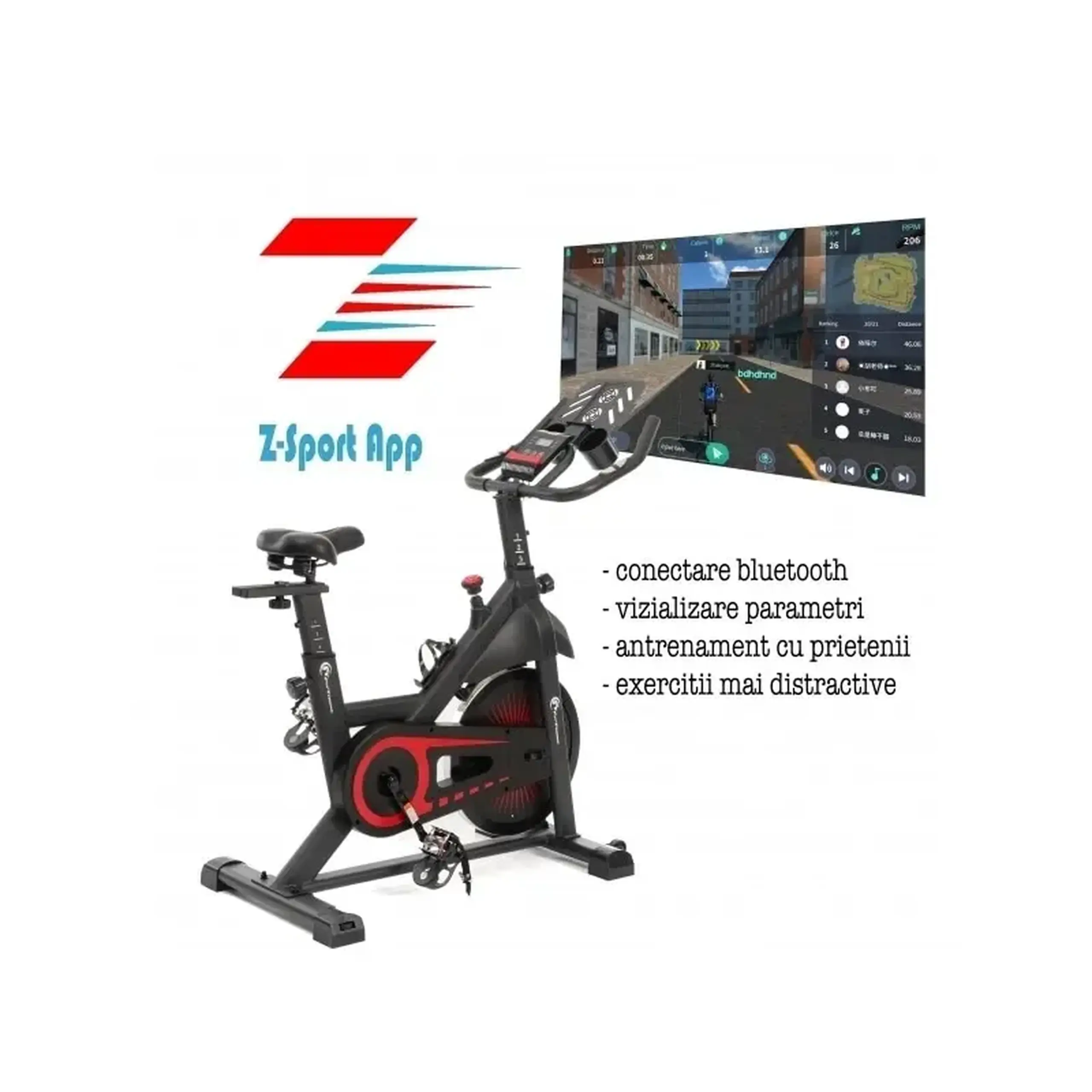 Bicicleta indoor cycling FitTronic SB8000, Volanta 13 kg, display si aplicatii Kinomap, Zwift, z-sport