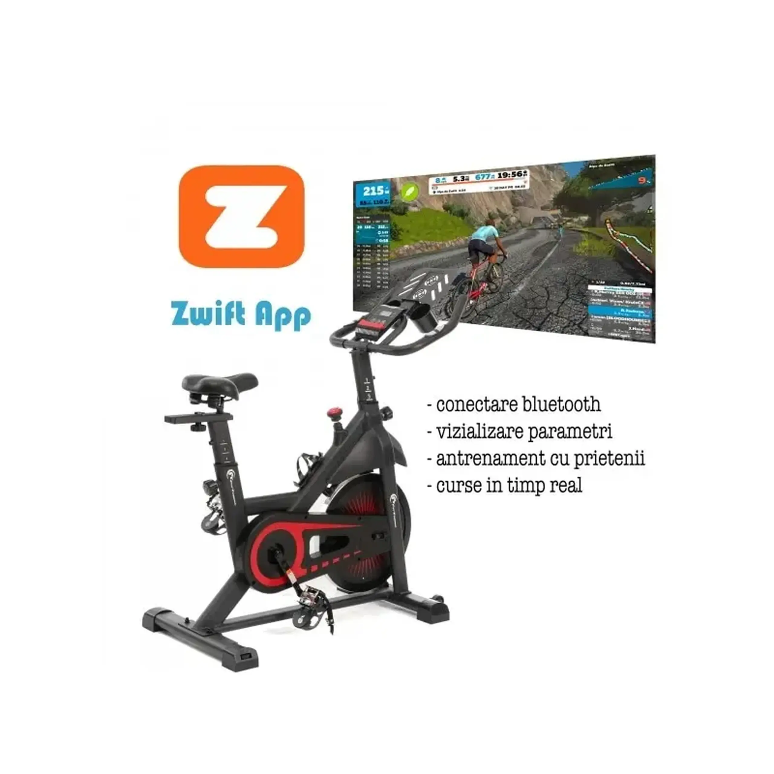 Bicicleta indoor cycling FitTronic SB8000, Volanta 13 kg, display si aplicatii Kinomap, Zwift, z-sport