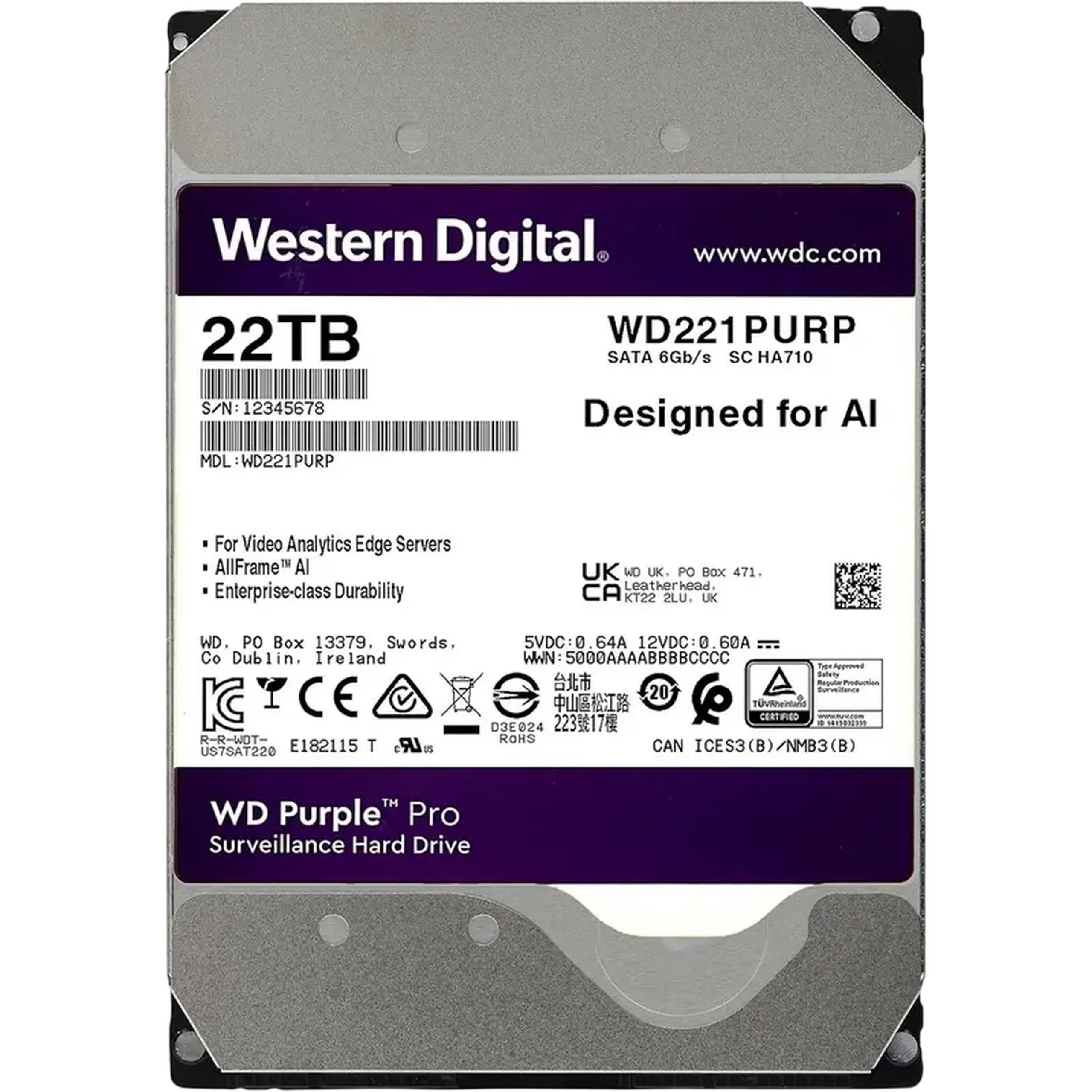 HDD de 3,5" 22,0TB - SATA - 512MB Western Digital "Purple Pro (WD221PURP)", Supraveghere, CMR