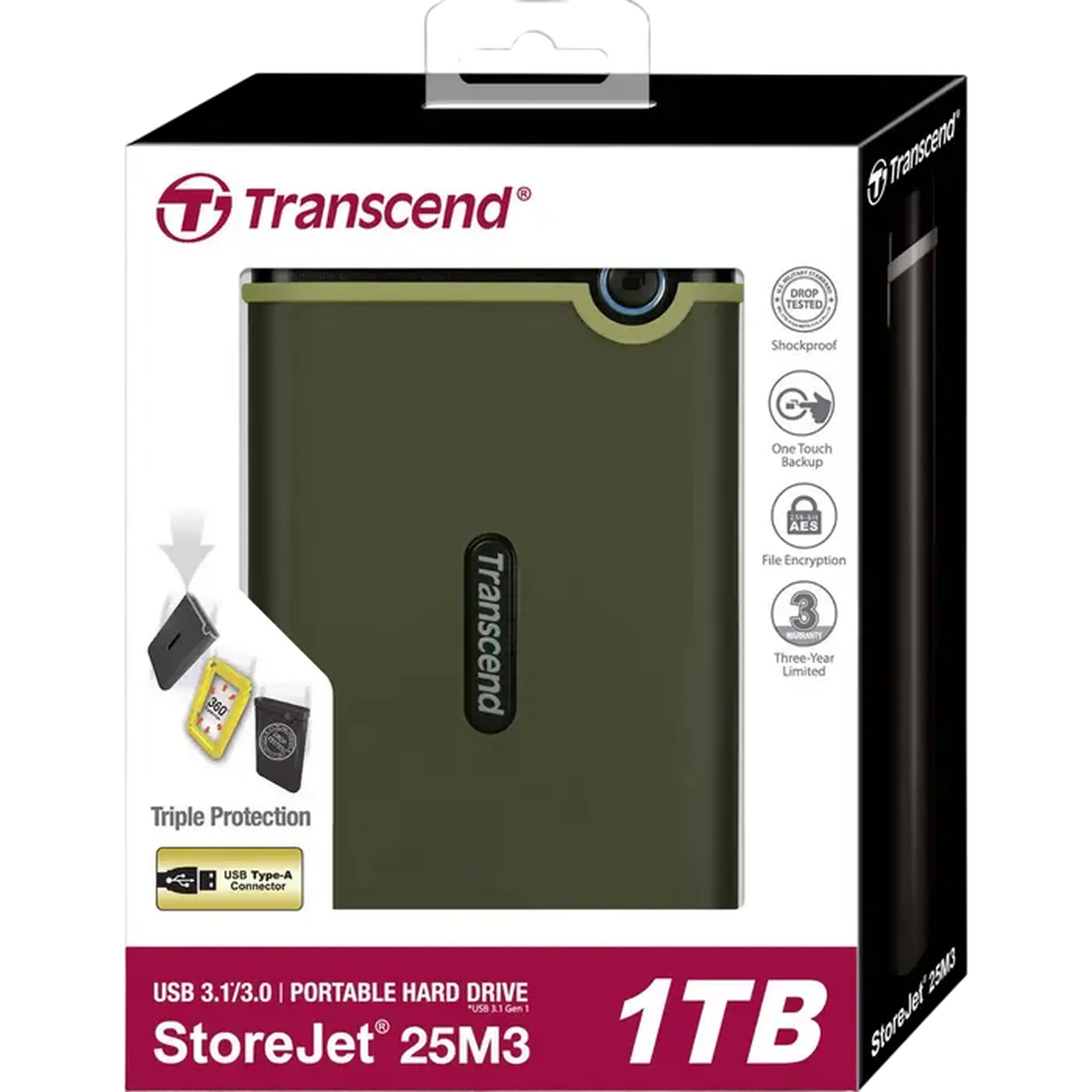 HDD portabil extern Transcend StoreJet 25M3G,1 TB, Military Green (TS1TSJ25M3G)