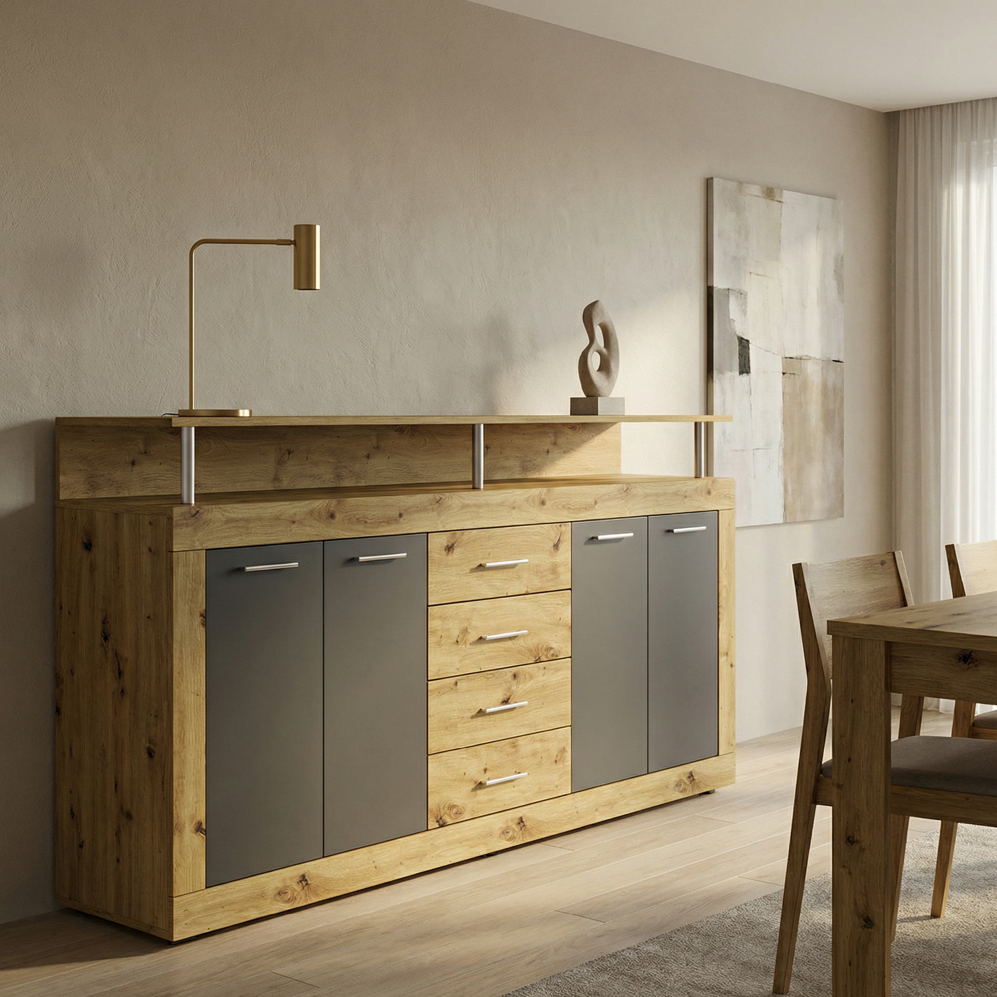 Comoda 4home Praga, 195x97x37 cm, Stejar Artizanal/Antracit