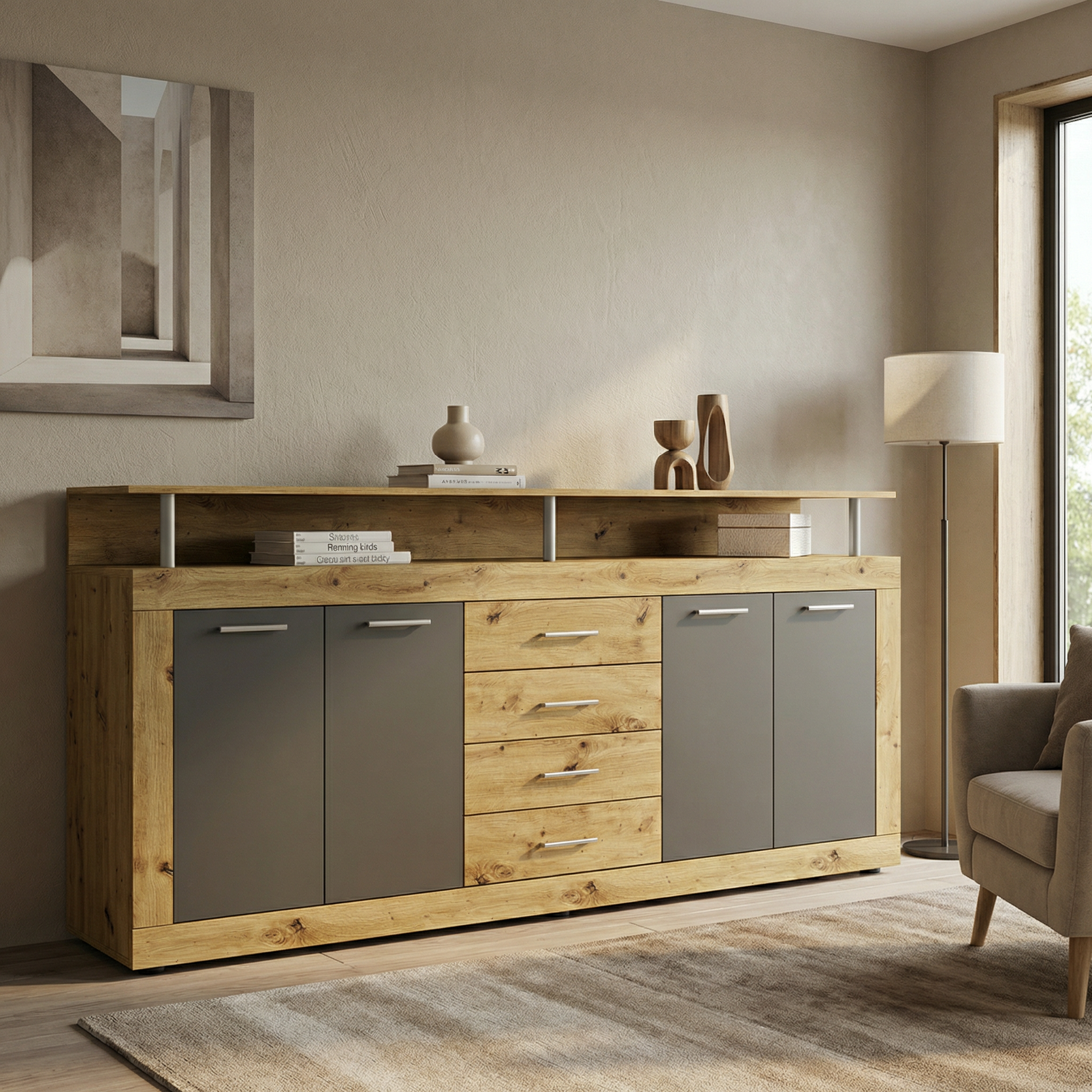 Comoda 4home Praga, 195x97x37 cm, Stejar Artizanal/Antracit