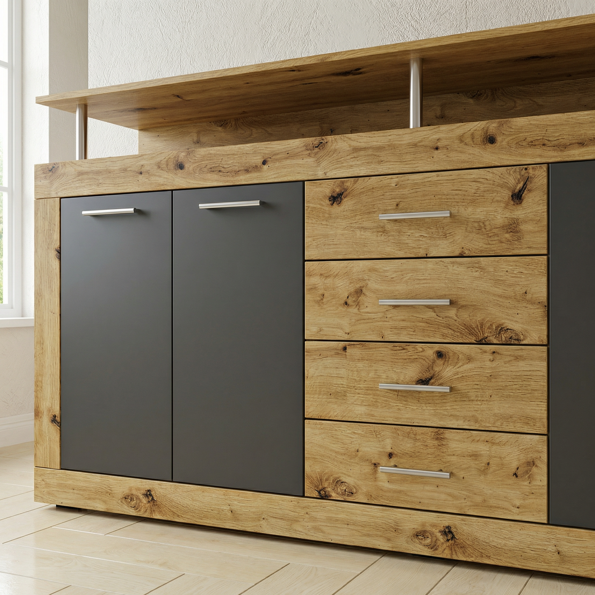 Comoda 4home Praga, 195x97x37 cm, Stejar Artizanal/Antracit