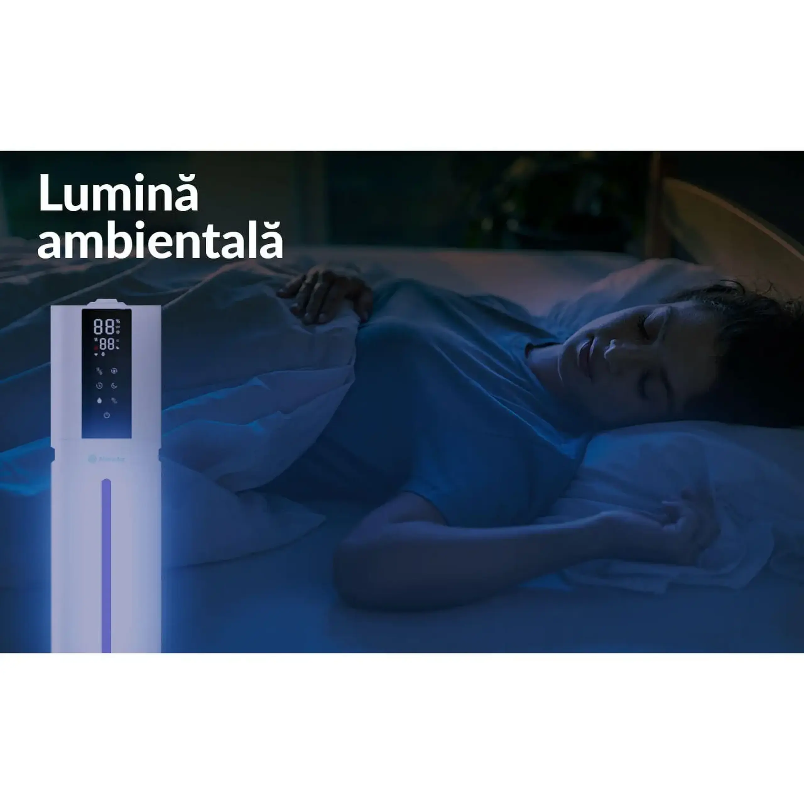 (Resigilat) Umidificator AlecoAir U40 Tower White, WiFi, Lampa UV-C, Higrostat, Lumini ambientale, Vapori calzi, Aromaterapie