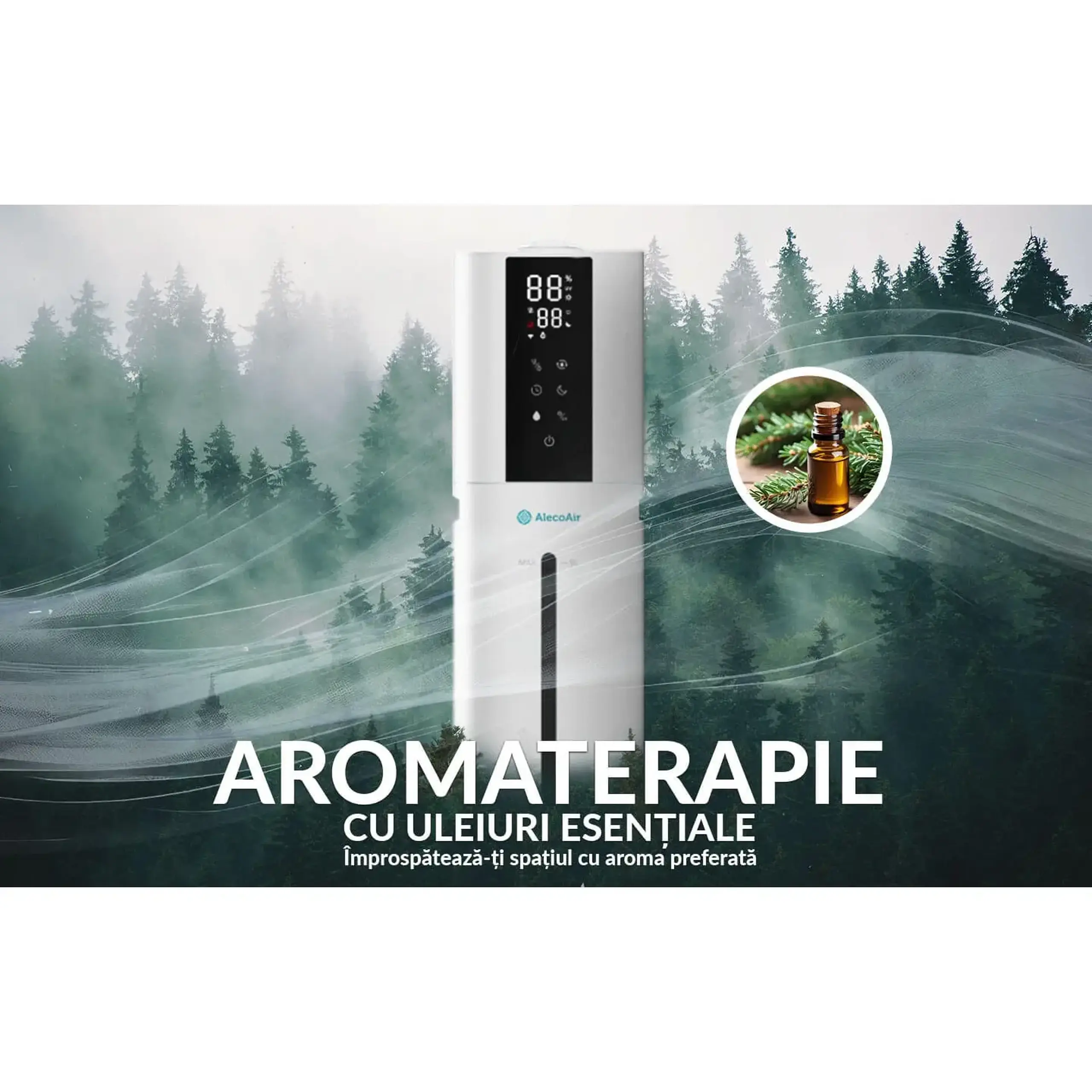 (Resigilat) Umidificator AlecoAir U40 Tower White, WiFi, Lampa UV-C, Higrostat, Lumini ambientale, Vapori calzi, Aromaterapie