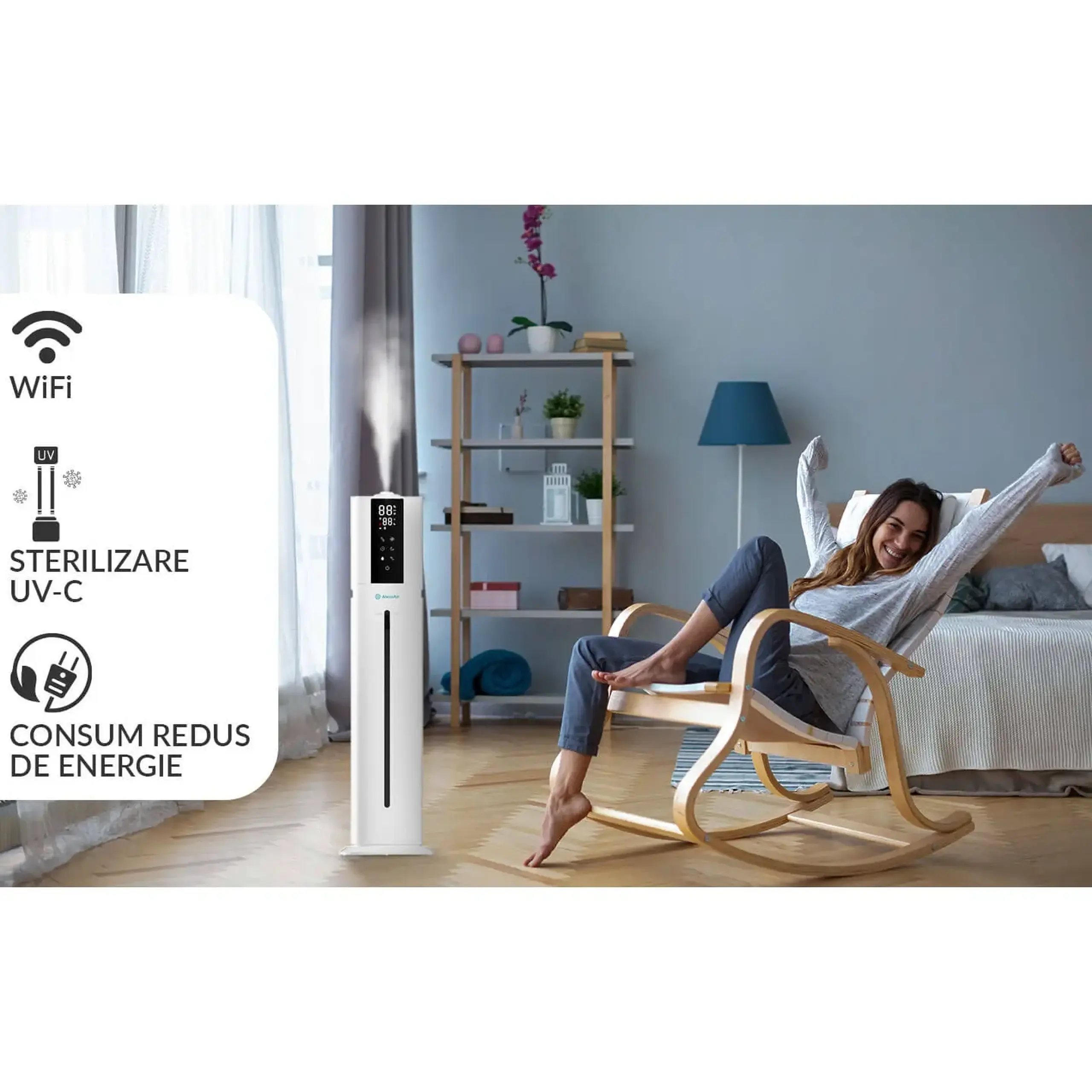 (Resigilat) Umidificator AlecoAir U40 Tower White, WiFi, Lampa UV-C, Higrostat, Lumini ambientale, Vapori calzi, Aromaterapie