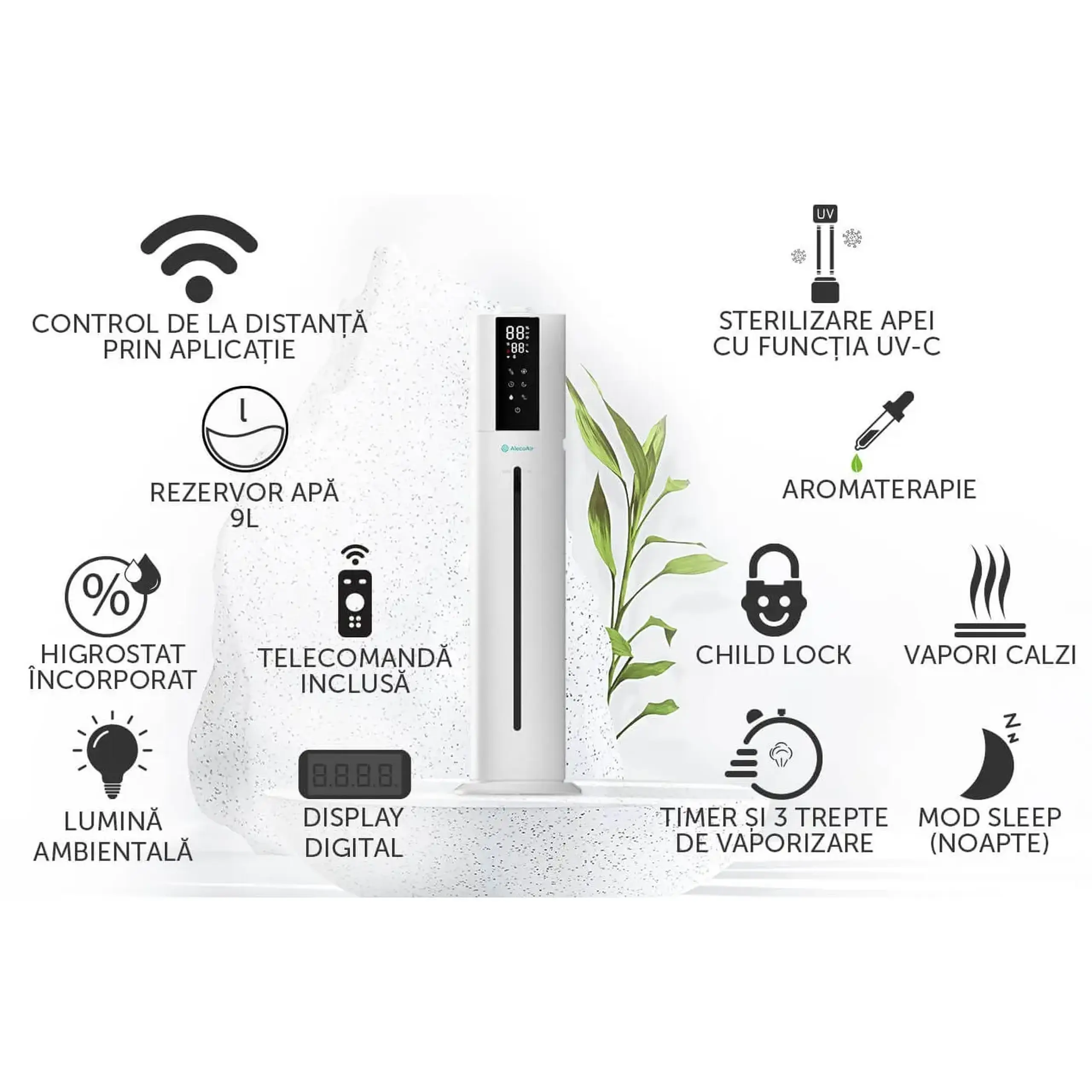 (Resigilat) Umidificator AlecoAir U40 Tower White, WiFi, Lampa UV-C, Higrostat, Lumini ambientale, Vapori calzi, Aromaterapie