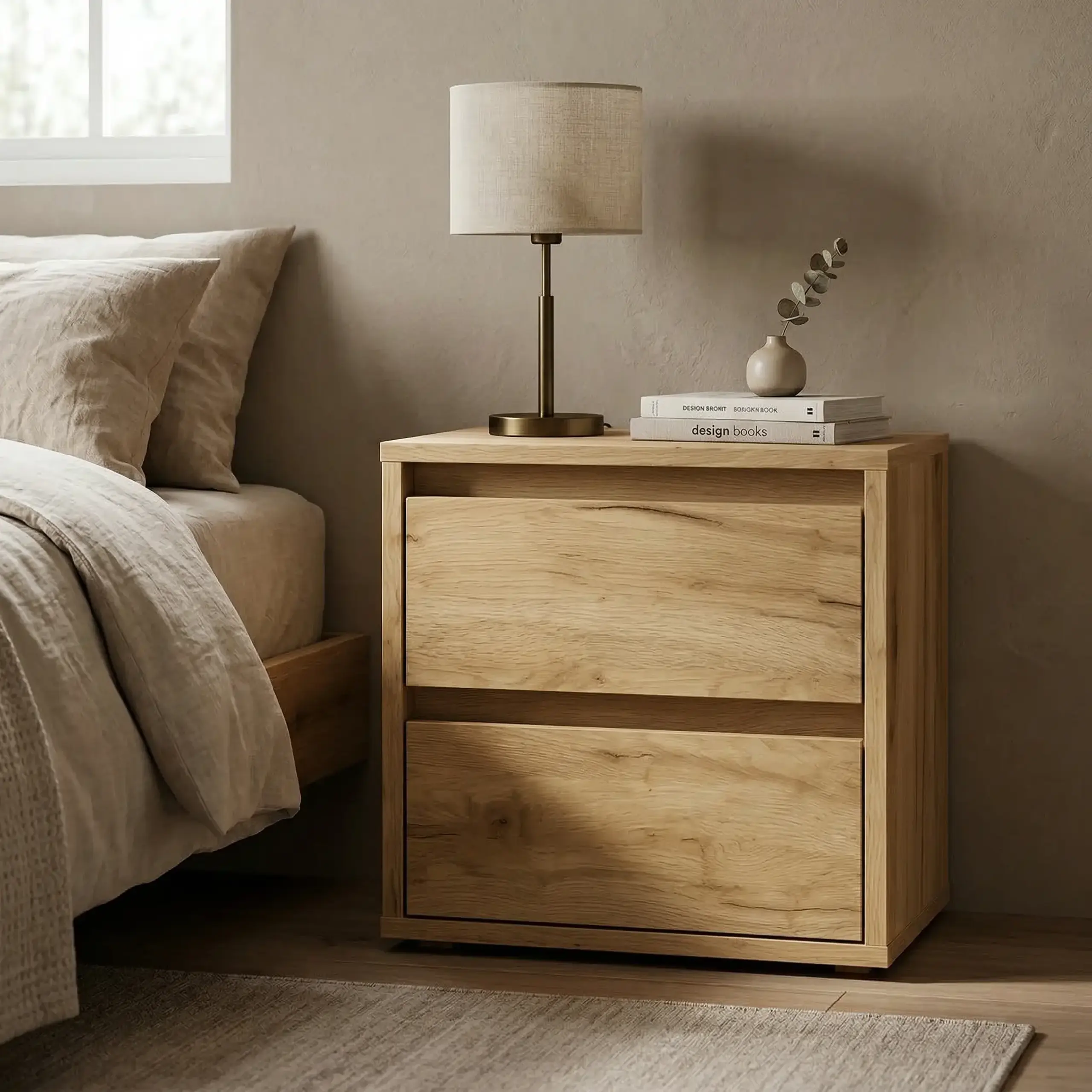 Noptiera 4home Ideea, 40x40x35 cm, 2 sertare, Stejar Kraft Gri/Satin