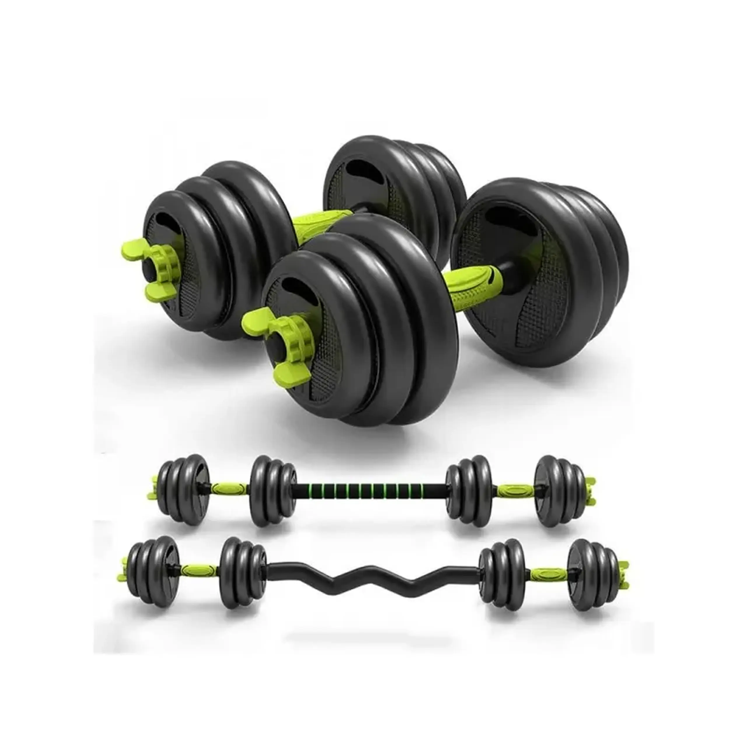 Set gantere reglabile kettlebell FitTronic 5 in 1 de 40 kg ZK40, cu bara curbata Z, bara dreapta, roata de abdomen si o multitudine de combinatii posibile