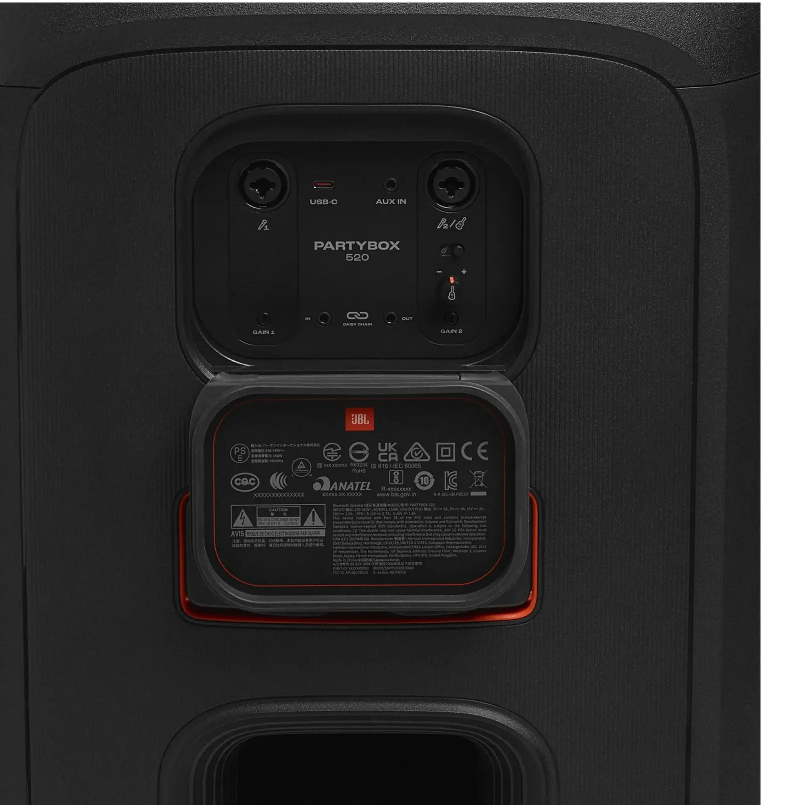 Sistem audio portabil JBL Partybox 520, 400W, Bluetooth 5.4, Auracast, IPX4, Autonomie 15 ore, Baterie detasabila (nu este inclusa in set), Negru