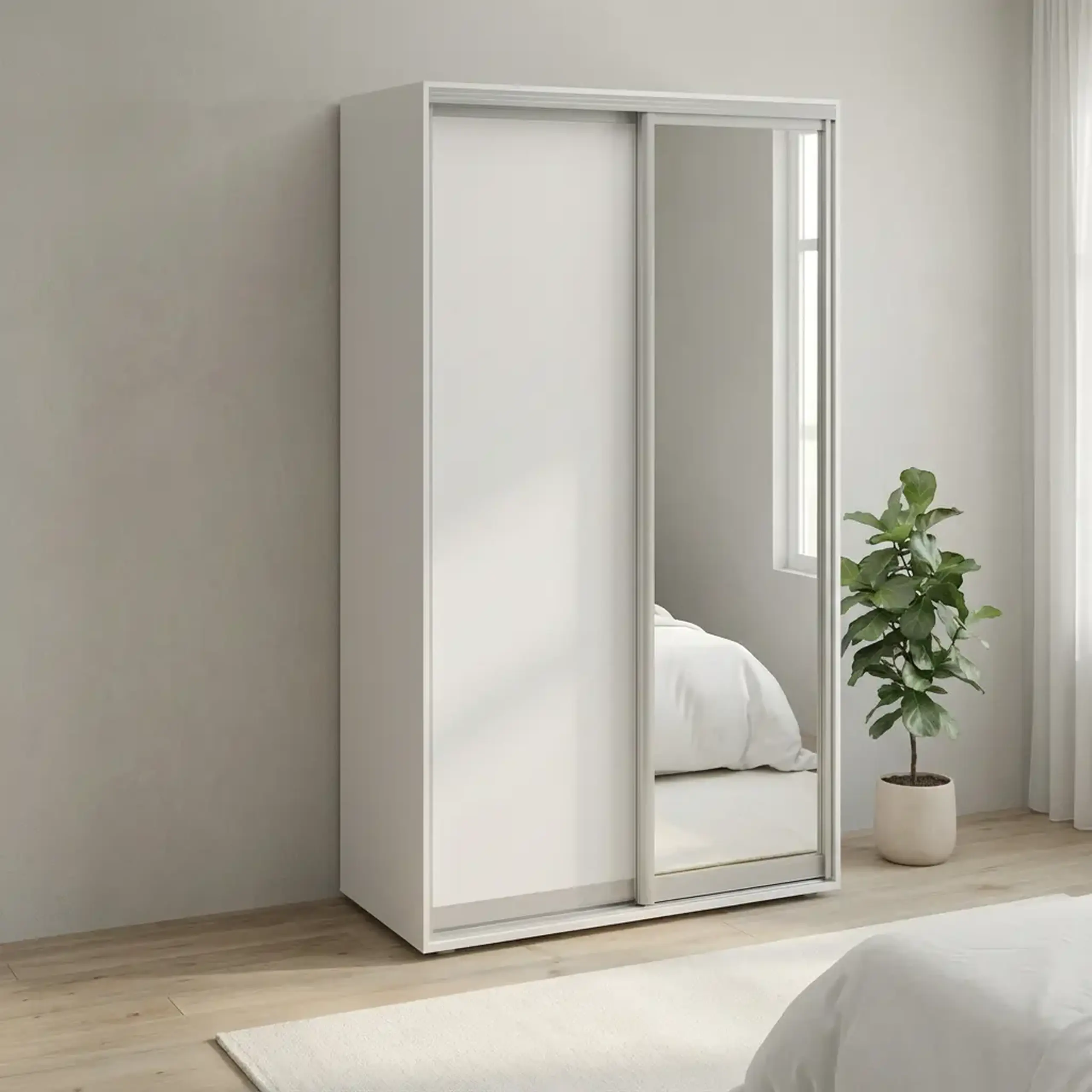 Dulap Cupe Fenix cu 2 usi, 1 PAL + 1 Oglinda, Alb, 140x60x240 cm